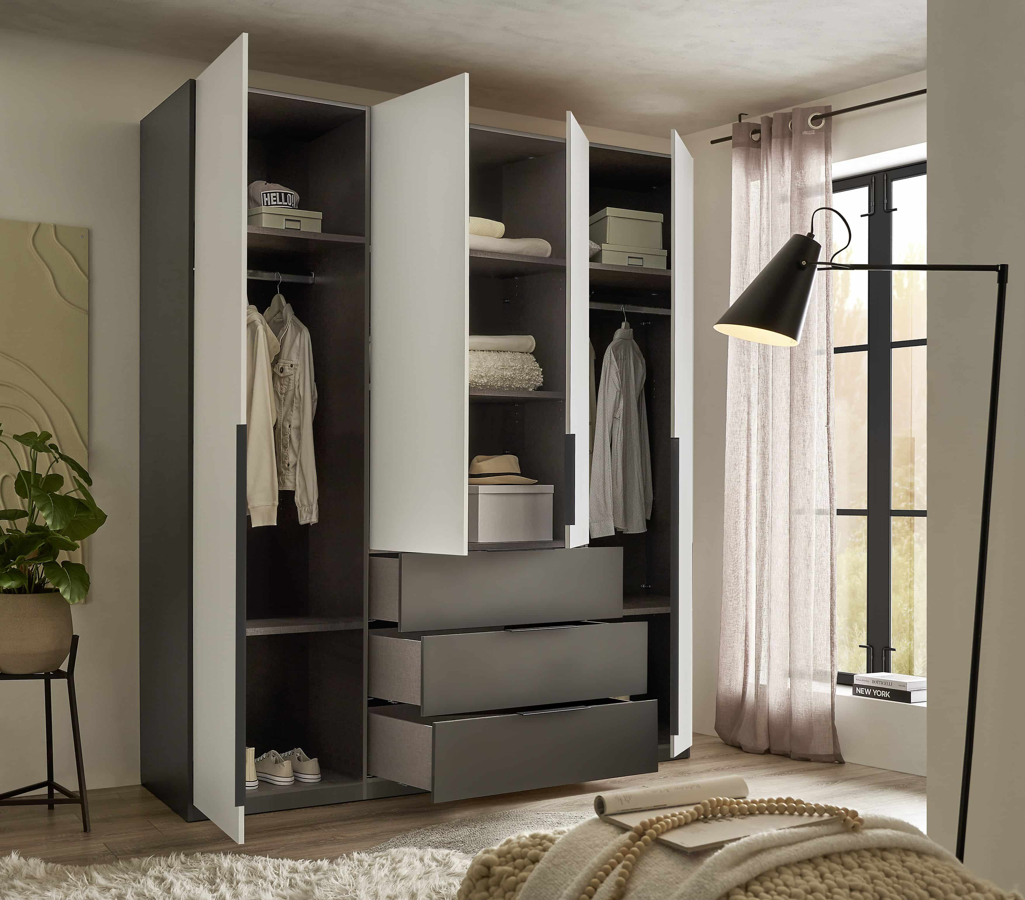 Kleiderschrank Nuka 200x225 cm – moderner Schrank in Graphit/Hellgrau mit 4 Türen & 3 Schubladen Kleiderschrank Nuka 200x225 cm – moderner Schrank in Graphit/Hellgrau mit 4 Türen & 3 Schubladen