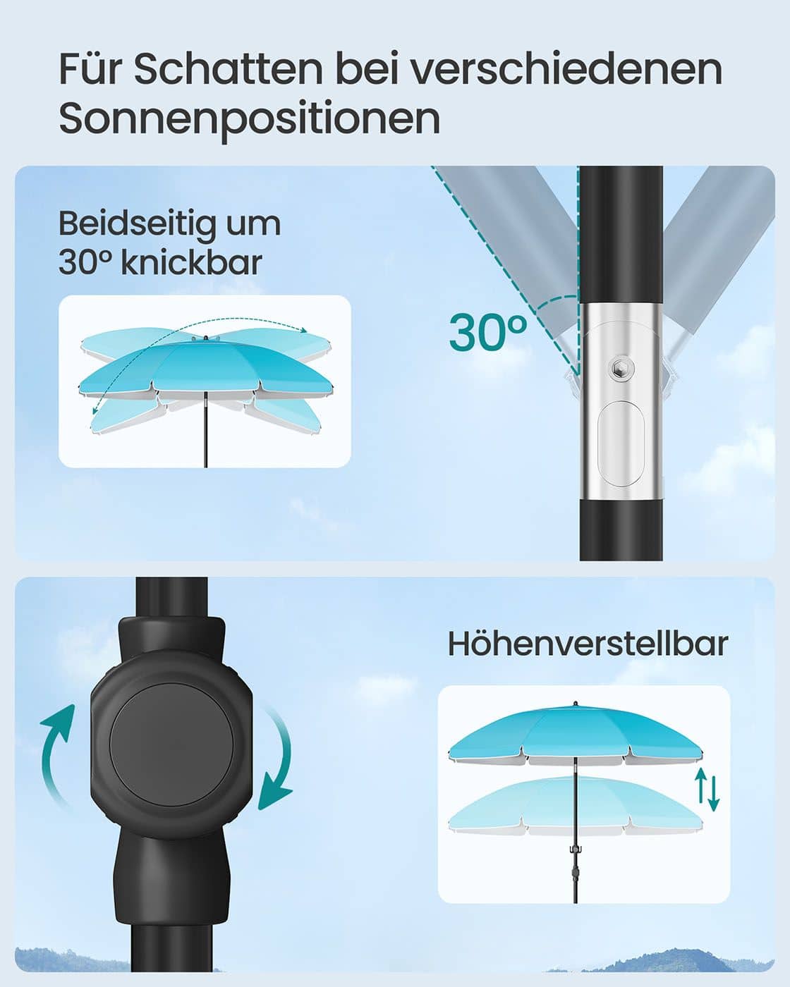Sonnenschirm UPF 50+ beidseitig um 30° knickbar ohne Ständer Sonnenschirm UPF 50+ beidseitig um 30° knickbar ohne Ständer
