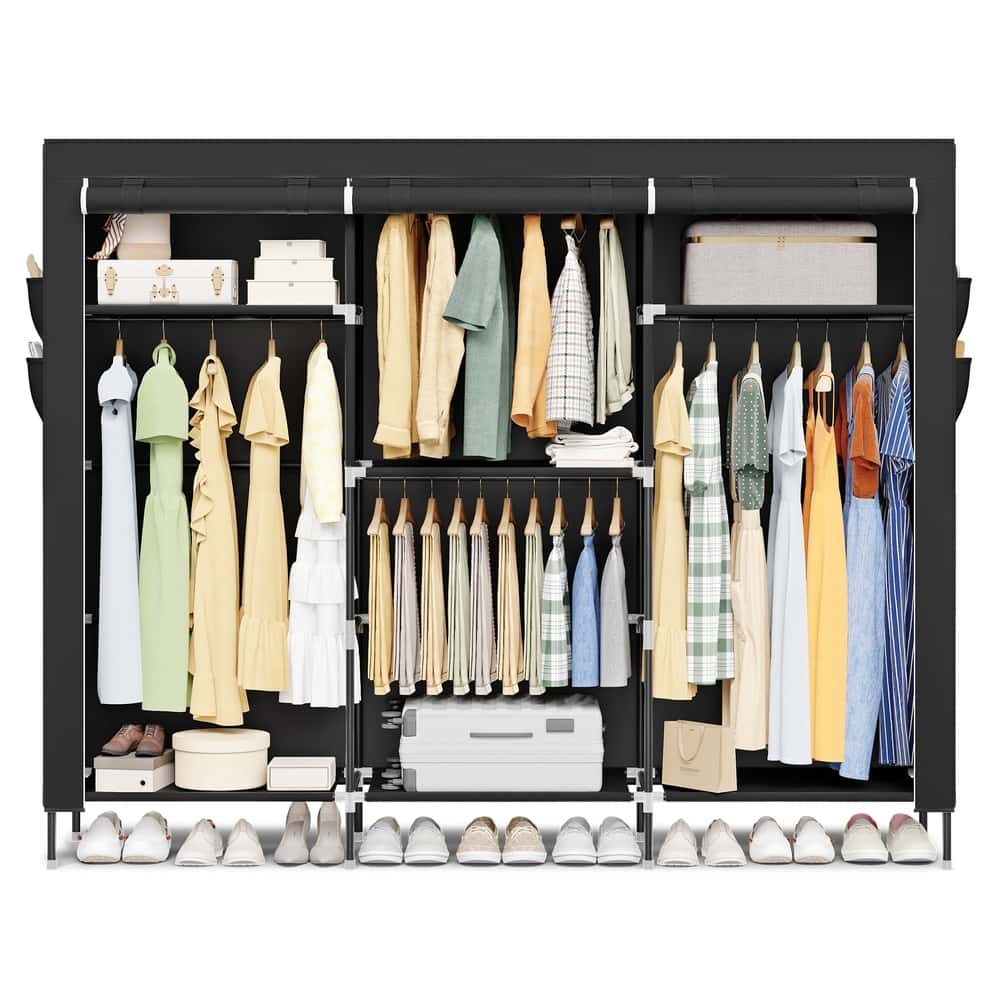 Stoffschrank mit Kleiderstange, Kleiderschrank mit Seitentaschen, Schrank für Schlafzimmer