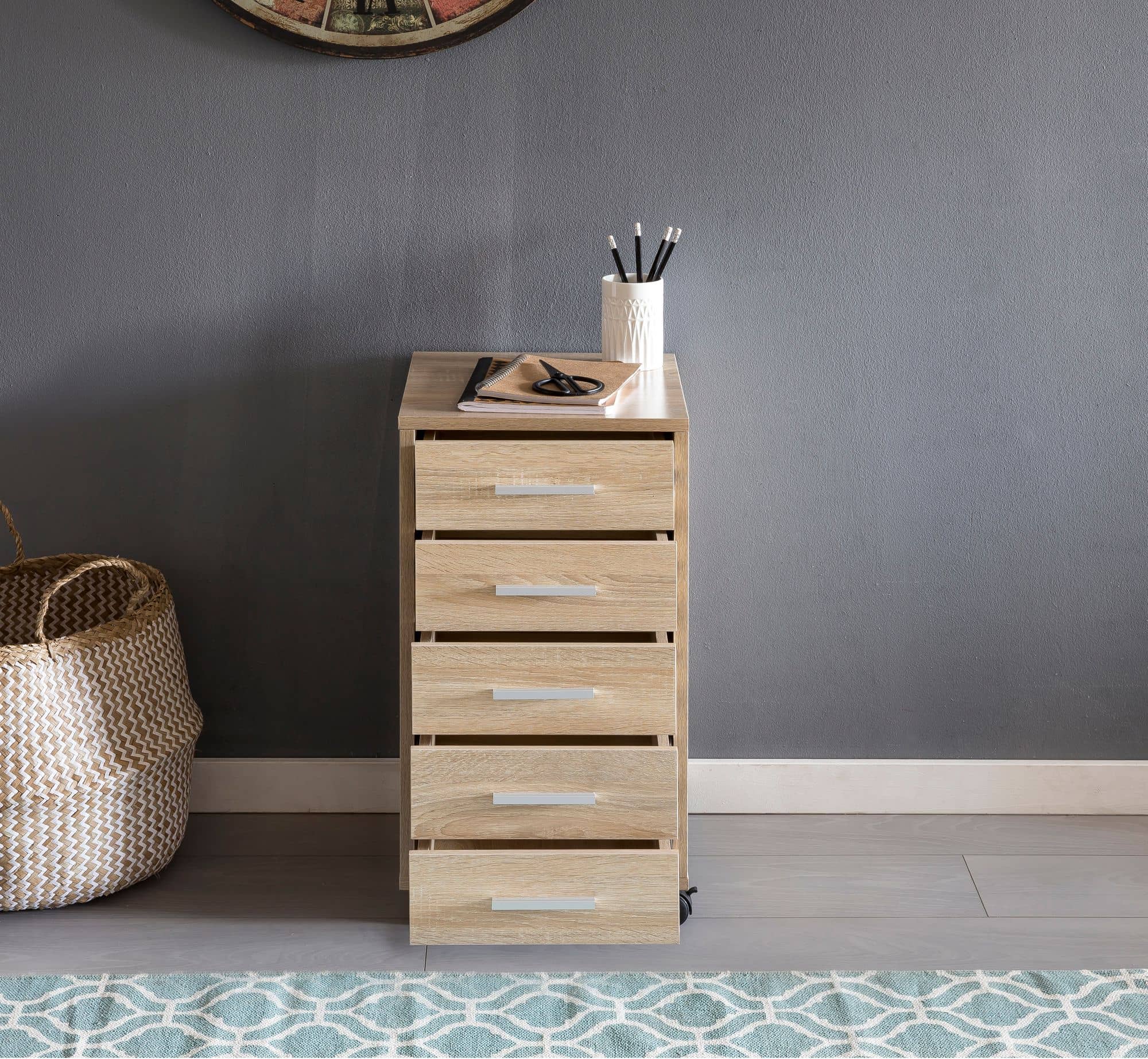 45766-WOHNLING-Rollcontainer-LISA-mit-5-Schublade_4 Rollcontainer Sonoma 33 x 63 x 38 cm Holz Schubladenschrank Schreibtisch