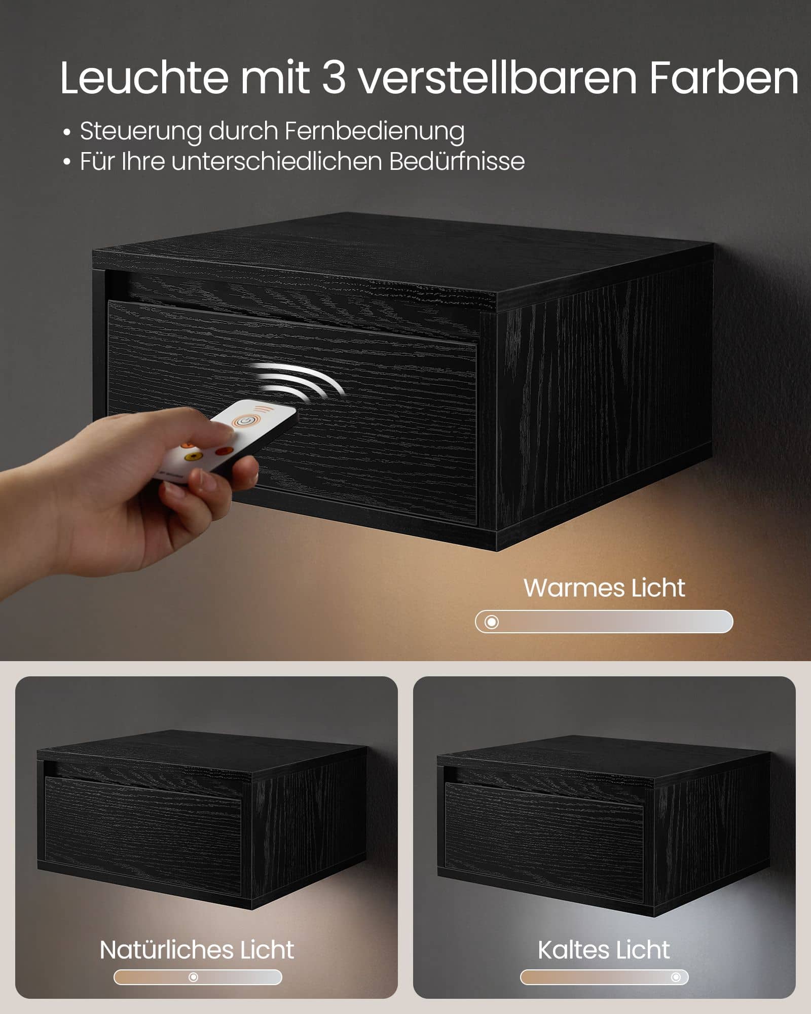 Nachttisch hängend mit Leuchten in 3 Farben ebenholzschwarz Nachttisch hängend mit Leuchten in 3 Farben ebenholzschwarz