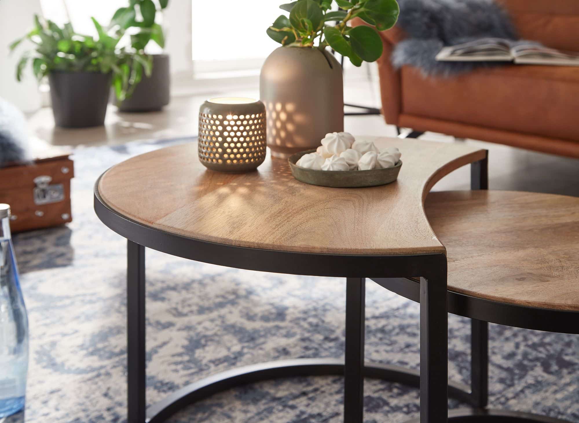 Couchtisch 2er Set Mango Massivholz / Metall Wohnzimmertisch Rund Couchtisch 2er Set Mango Massivholz / Metall Wohnzimmertisch Rund