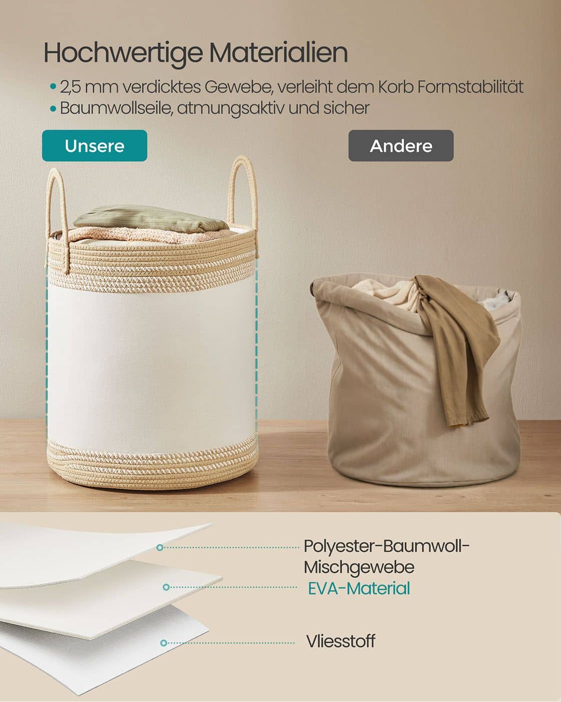 Wäschekorb 60 L mit Deckel und Griff 41 x 41 x 46 cm kamelbraun Wäschekorb 60 L mit Deckel und Griff 41 x 41 x 46 cm kamelbraun