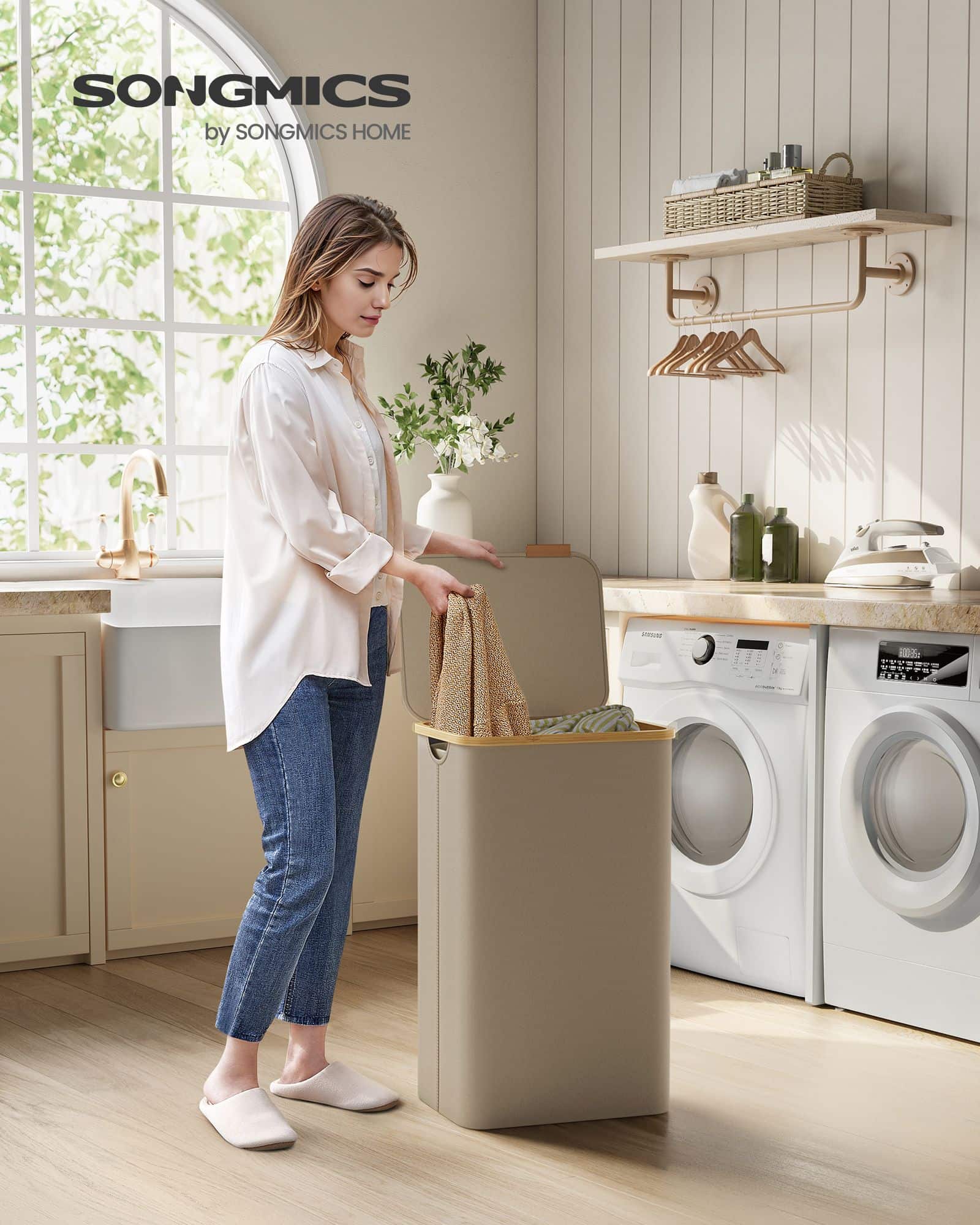 Wäschekorb 90 Liter mit herausnehmbarem Wäschesack kamelbraun