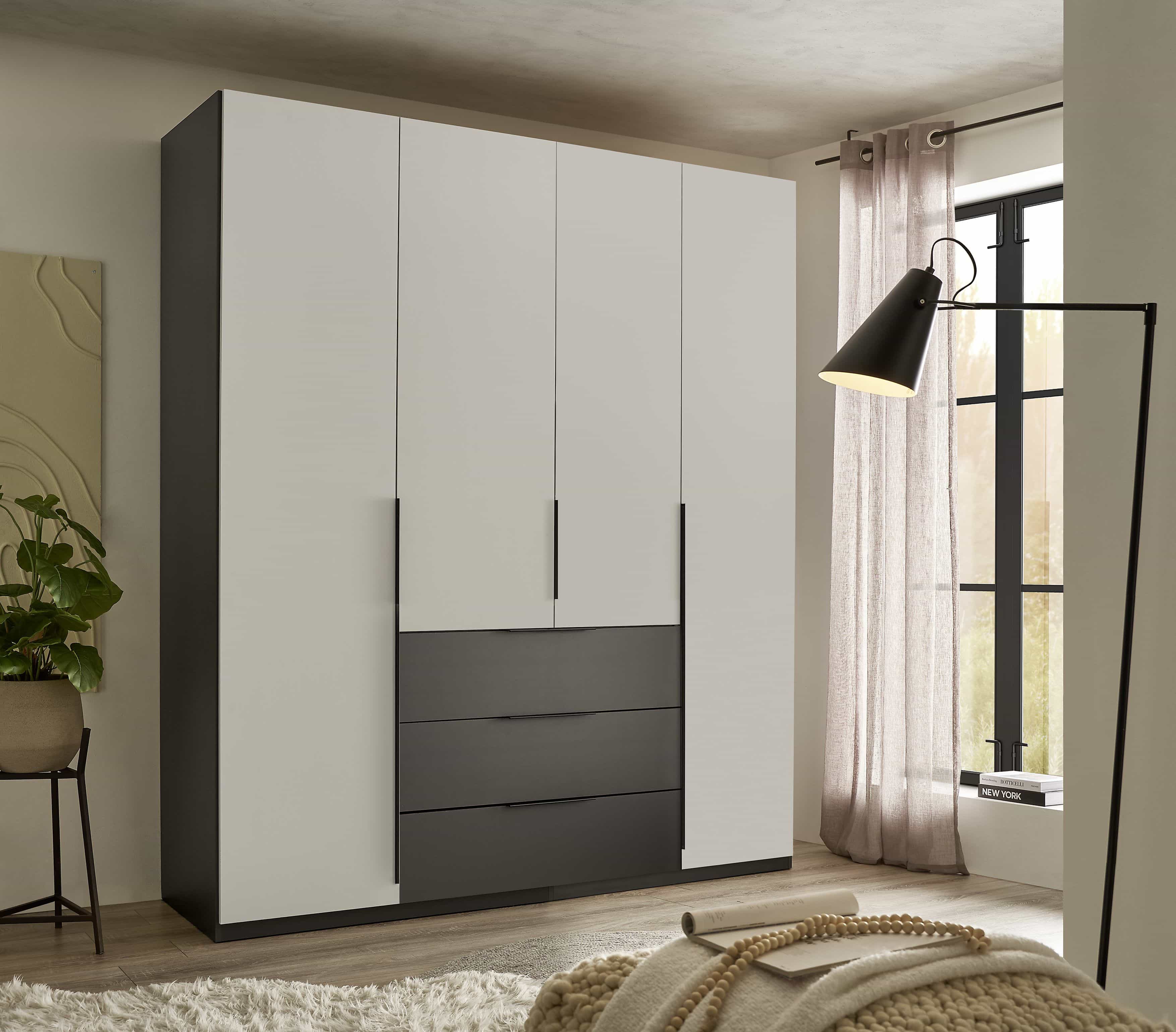Kleiderschrank Nuka 200x225 cm – moderner Schrank in Graphit/Hellgrau mit 4 Türen & 3 Schubladen Kleiderschrank Nuka 200x225 cm – moderner Schrank in Graphit/Hellgrau mit 4 Türen & 3 Schubladen