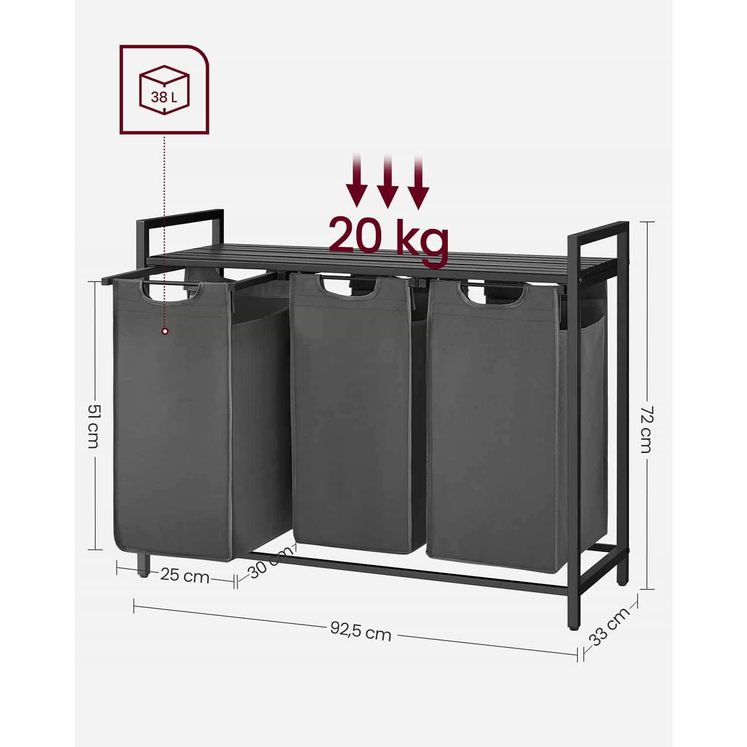 Wäschekorb 3 x 38 L mit 1 Ablage schwarz-grau-B34BLH301G01 Wäschekorb 3 x 38 L mit 1 Ablage schwarz-grau-B34BLH301G01