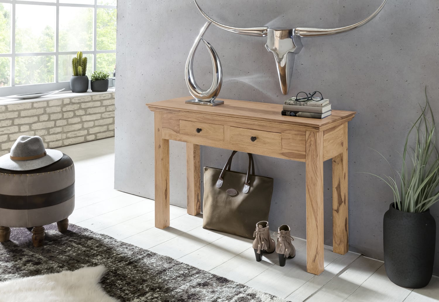 Konsolentisch MUMBAI Massivholz Akazie Konsole mit 2 Schubladen Schreibtisch 110 x 40 cm Landhaus-Stil Sideboard Konsolentisch MUMBAI Massivholz Akazie Konsole mit 2 Schubladen Schreibtisch 110 x 40 cm Landhaus-Stil Sideboard