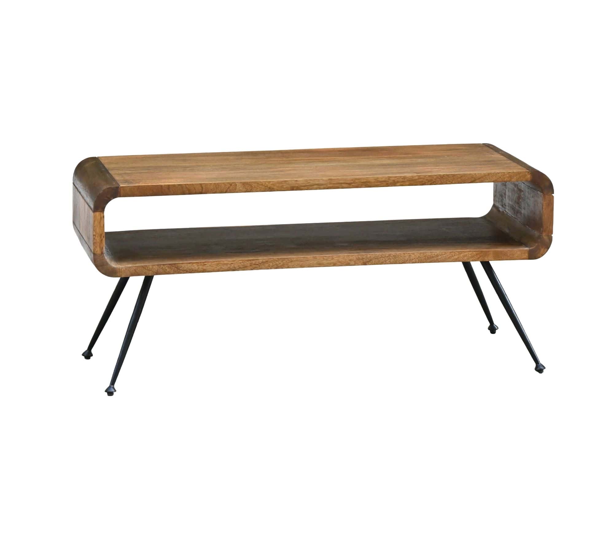 Couchtisch Mango Massivholz Metall 105cm - Design Wohnzimmertisch mit Ablagefach - Rechteckiger Sofatisch Retro - Loungetisch Holz - Natur Beistelltisch Handmade