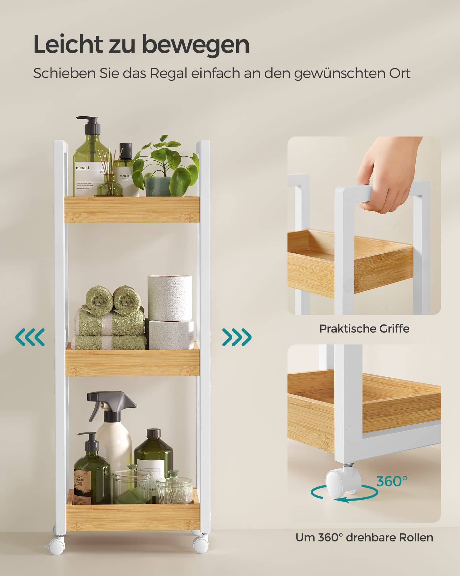 Badezimmerregal mit 3 Ebenen schmal platzsparend weiß-naturfarben Badezimmerregal mit 3 Ebenen schmal platzsparend weiß-naturfarben