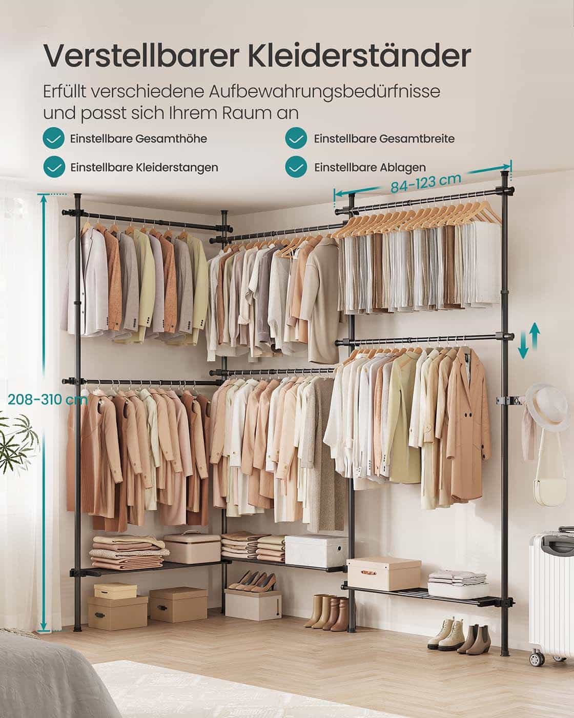 Teleskop-Kleiderstangen mit 6 Stangen und 3 Ablagen mattschwarz Teleskop-Kleiderstangen mit 6 Stangen und 3 Ablagen mattschwarz