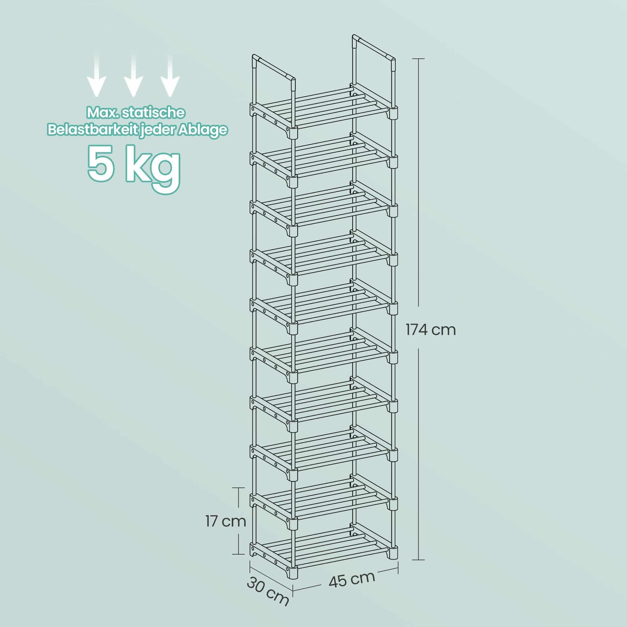 Schuhregal mit 10 Ebenen, offener Schuhschrank hoch, Schuhständer schmal