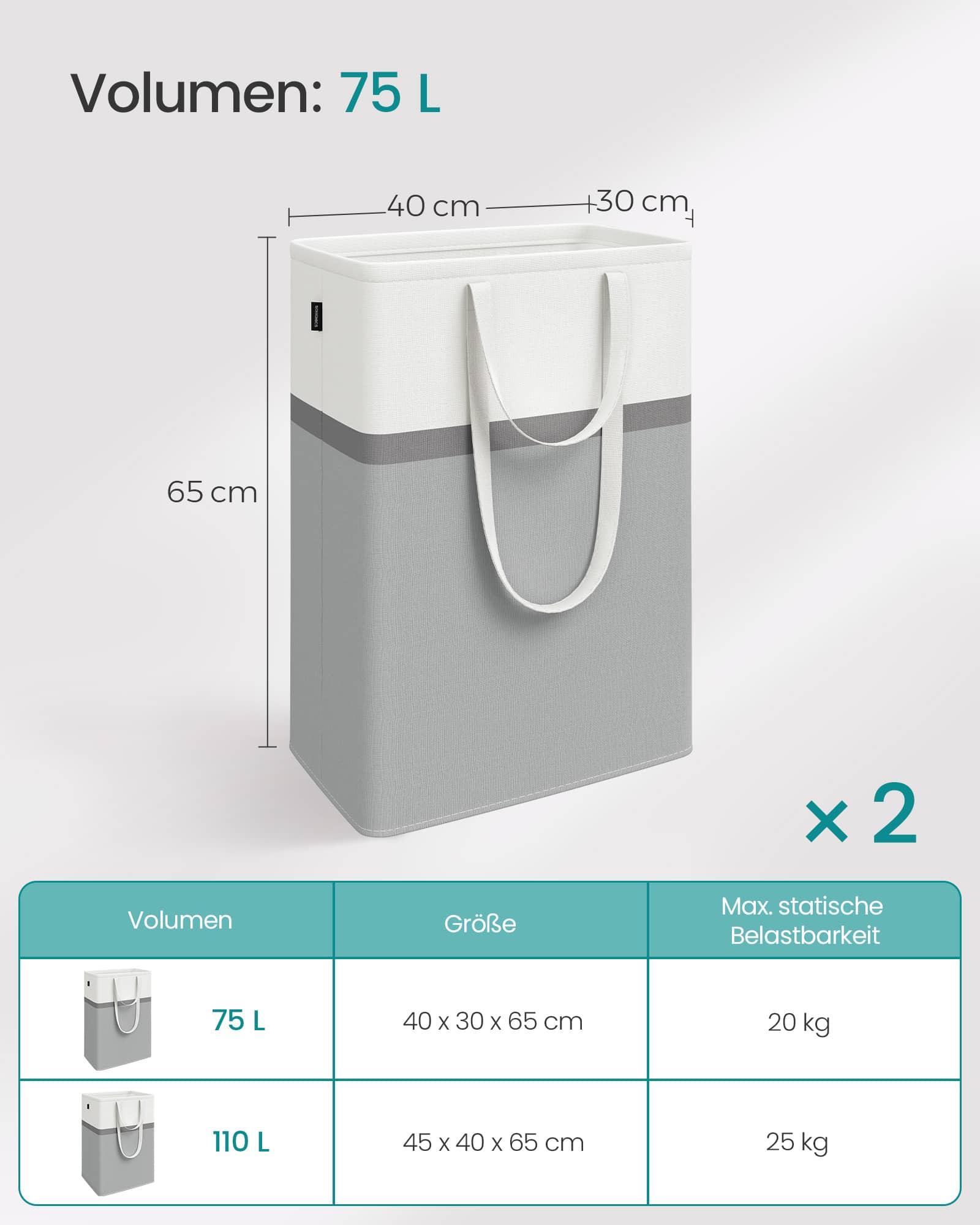 Wäschekorb 2er Set 75 L mit Griffen taubengrau Wäschekorb 2er Set 75 L mit Griffen taubengrau