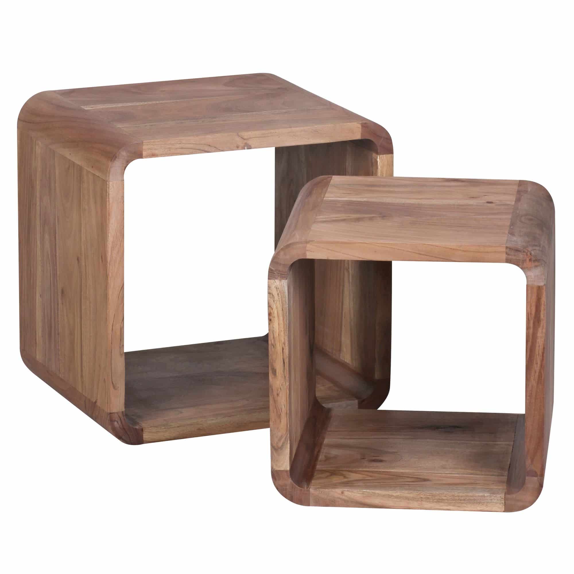 38547-WOHNLING-2er-Set-Satztisch-BOHA-Massivholz-Design-Couchtisch-Akazie-2-Tische-Wuerfelregal-Set-Braun-Wohnzimmertisch-Massiv-Beistelltische-Holz-Landhaus-Stil-Holztisch-Wohnzi 2er Set Satztisch BOHA Massivholz Design Couchtisch Akazie 2 Tische
