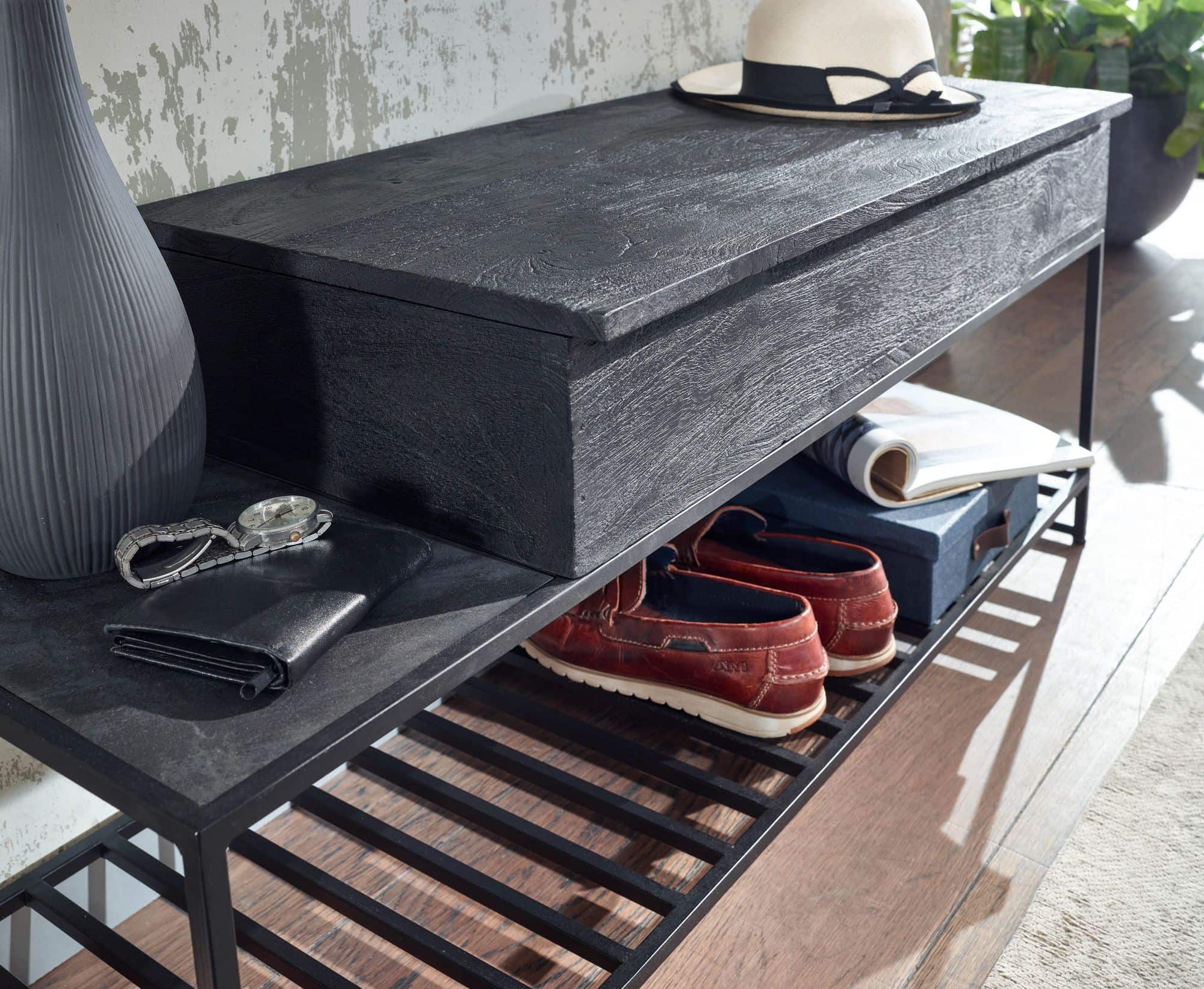 Sitzbank mit Wandgarderobe Schwarz Mango Massivholz Schuhbank 110 cm