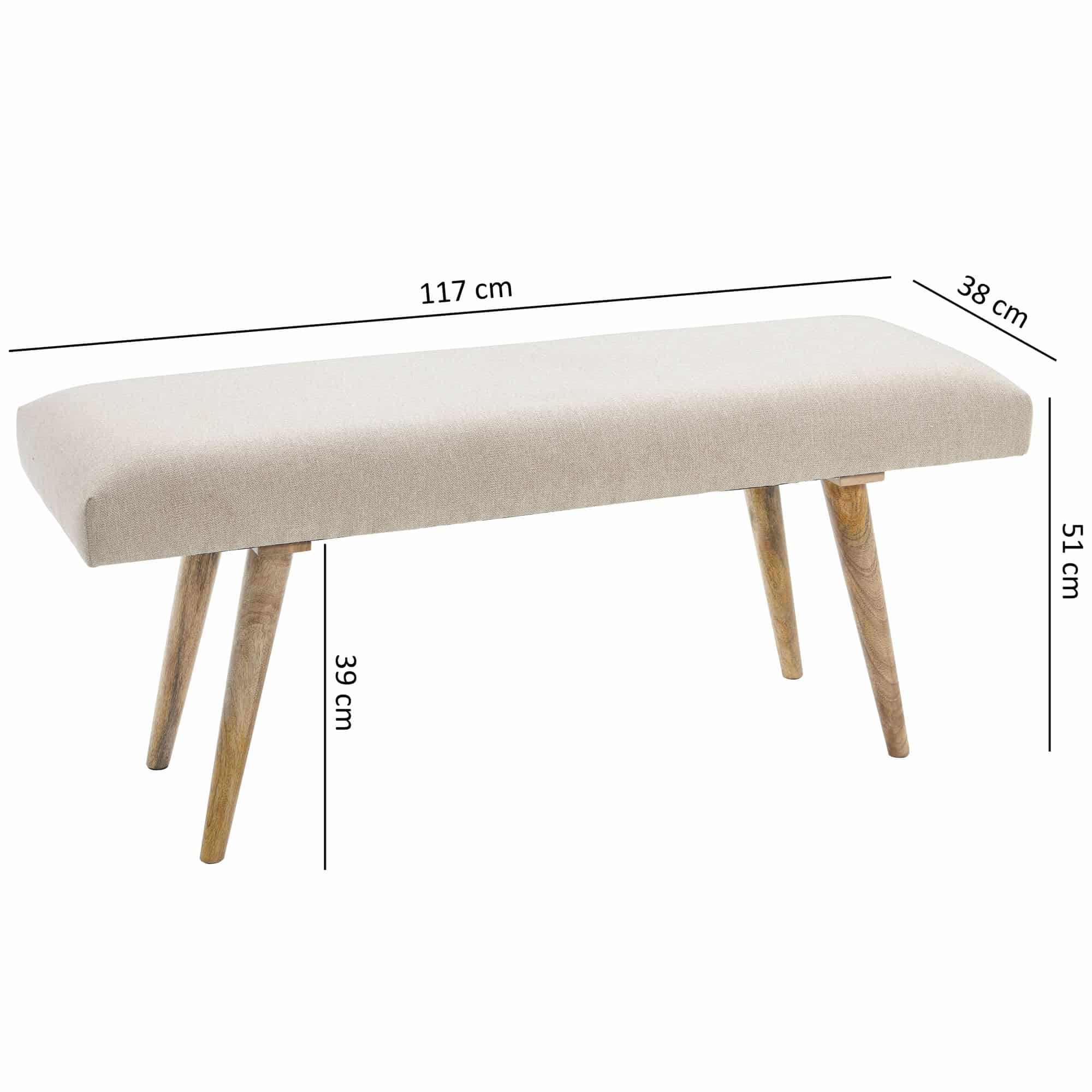 46013-WOHNLING-Sitzbank-117x37x51-cm-Baumwolle-we_4 Sitzbank Stoff / Massivholz Bank Beige 117x51x38 cm im Retro Stil