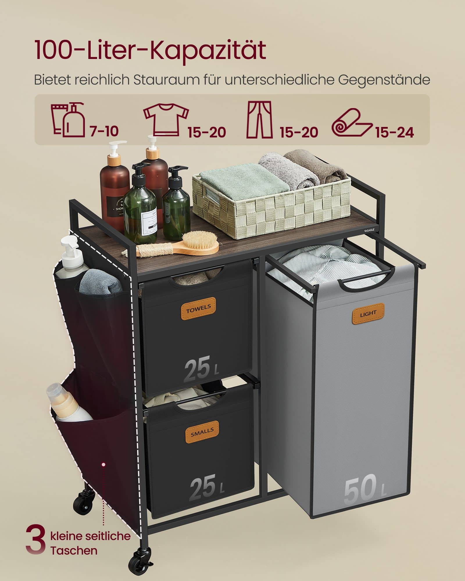 Wäschekorb 3 Fächer kastanienbraun-tintenschwarz-taubengrau Wäschekorb 3 Fächer kastanienbraun-tintenschwarz-taubengrau