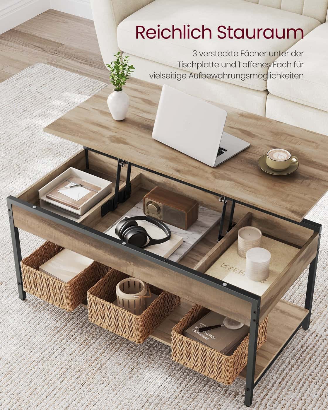 Couchtisch höhenverstellbar 50 × 100 cm mit Fach kamelbraun-tintenschwarz Couchtisch höhenverstellbar 50 × 100 cm mit Fach kamelbraun-tintenschwarz