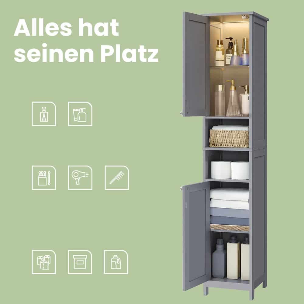 Hochschrank für Badezimmer mit Beleuchtung, verstellbaren Einlegeböden, offenen Fächern Hochschrank für Badezimmer mit Beleuchtung, verstellbaren Einlegeböden, offenen Fächern