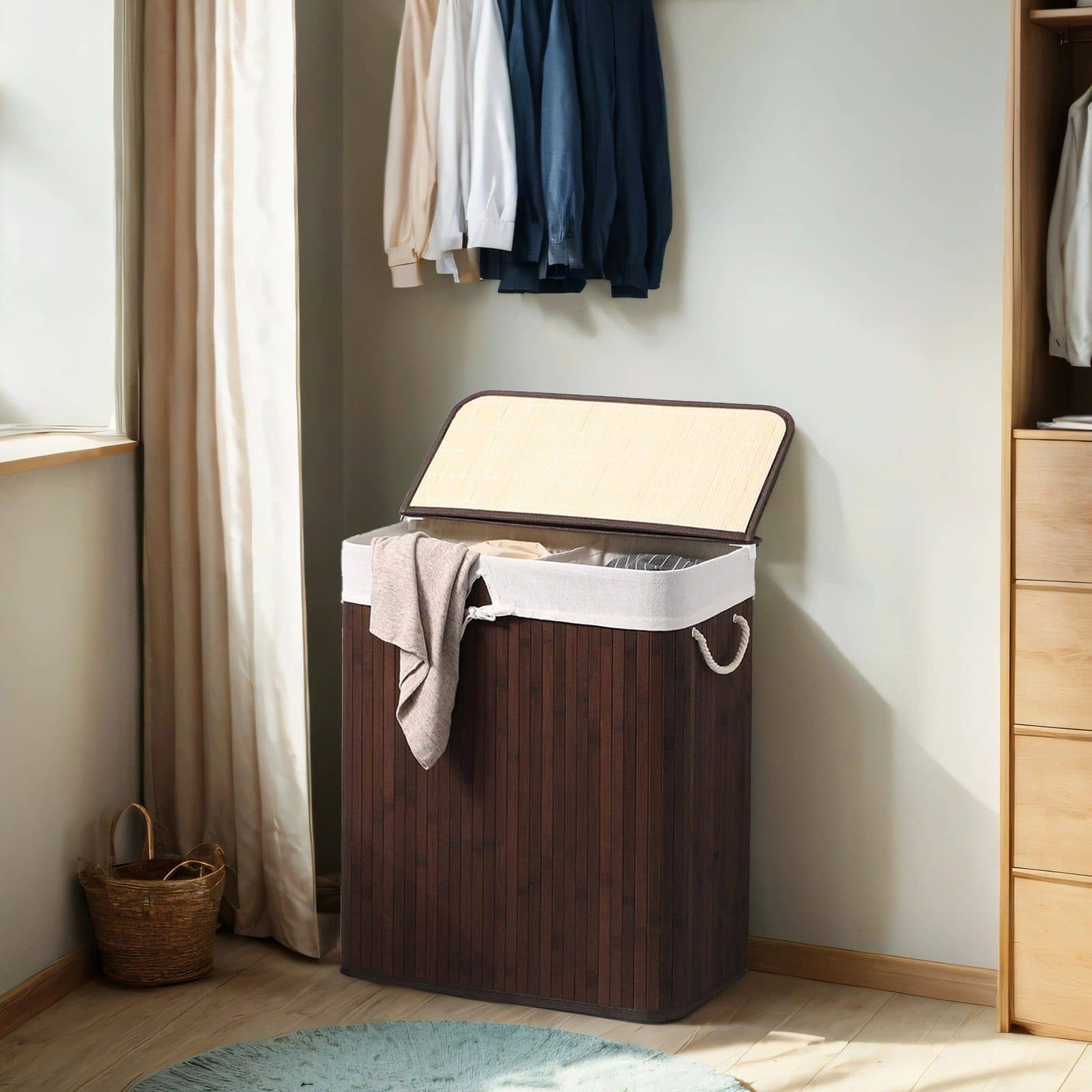 Wäschekorb 2 Fächer, 100 L Wäschesammler mit Deckel, mit Griffen