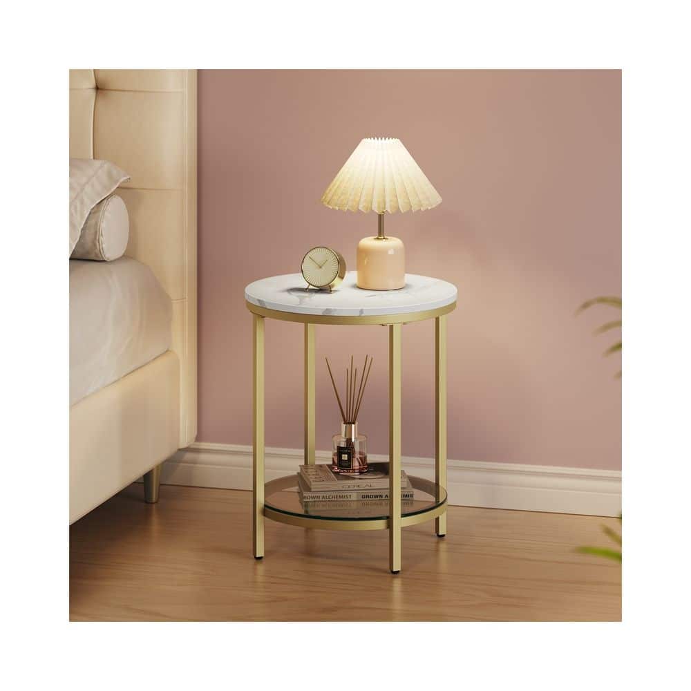 Beistelltisch 2 Ebenen in weißer Marmoroptik mit schwarzem Gestell Marmorweiß-Helles Gold Beistelltisch 2 Ebenen in weißer Marmoroptik mit schwarzem Gestell Marmorweiß-Helles Gold