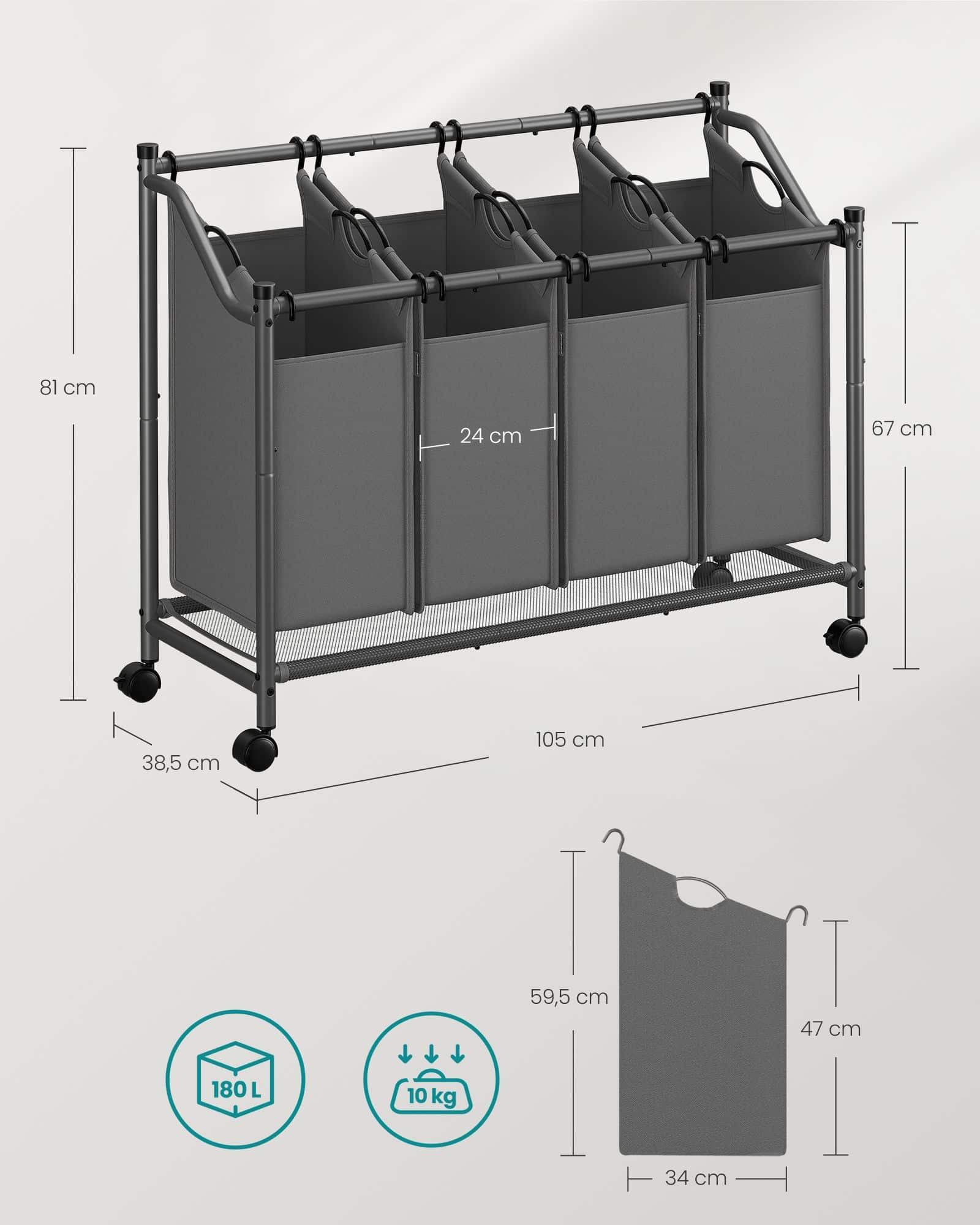 Wäschekorb mit Rollen 4 x 45 L schiefergrau Wäschekorb mit Rollen 4 x 45 L schiefergrau