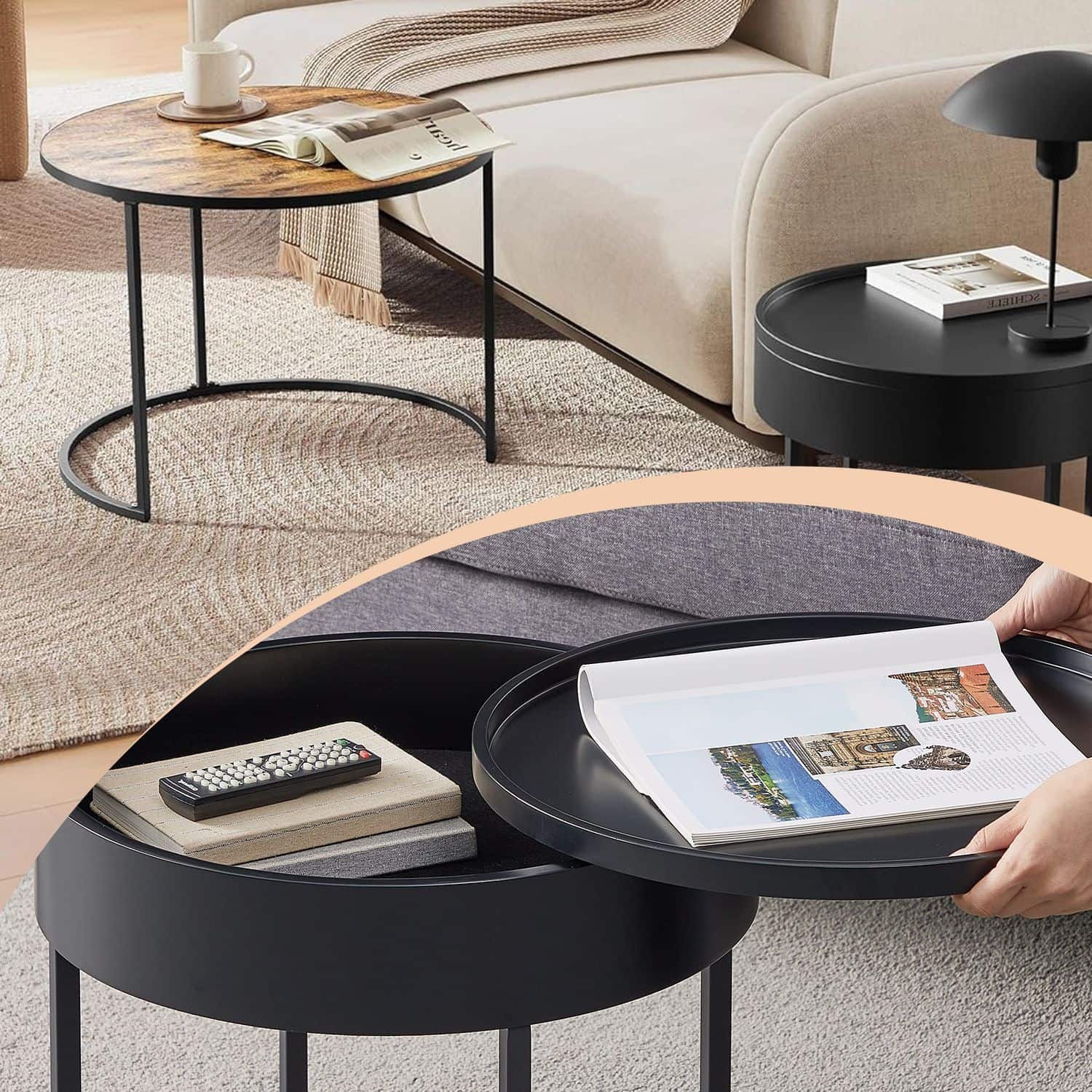 Couchtisch rund 2er Set vintagebraun-tintenschwarz Couchtisch rund 2er Set vintagebraun-tintenschwarz