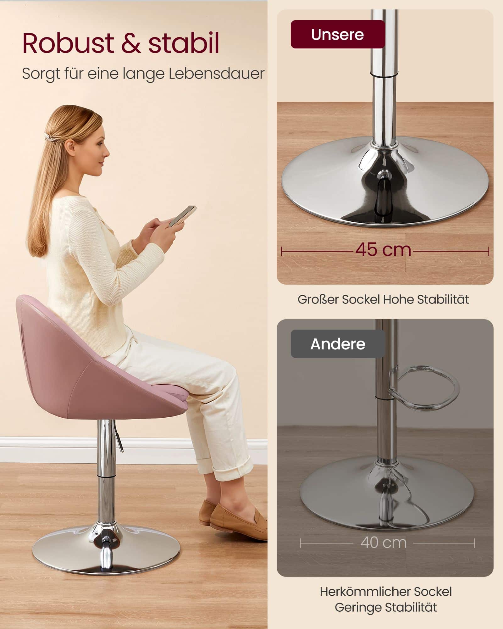 Stuhl verstellbar mit Rückenlehne und Sockel pastellrosa Stuhl verstellbar mit Rückenlehne und Sockel pastellrosa