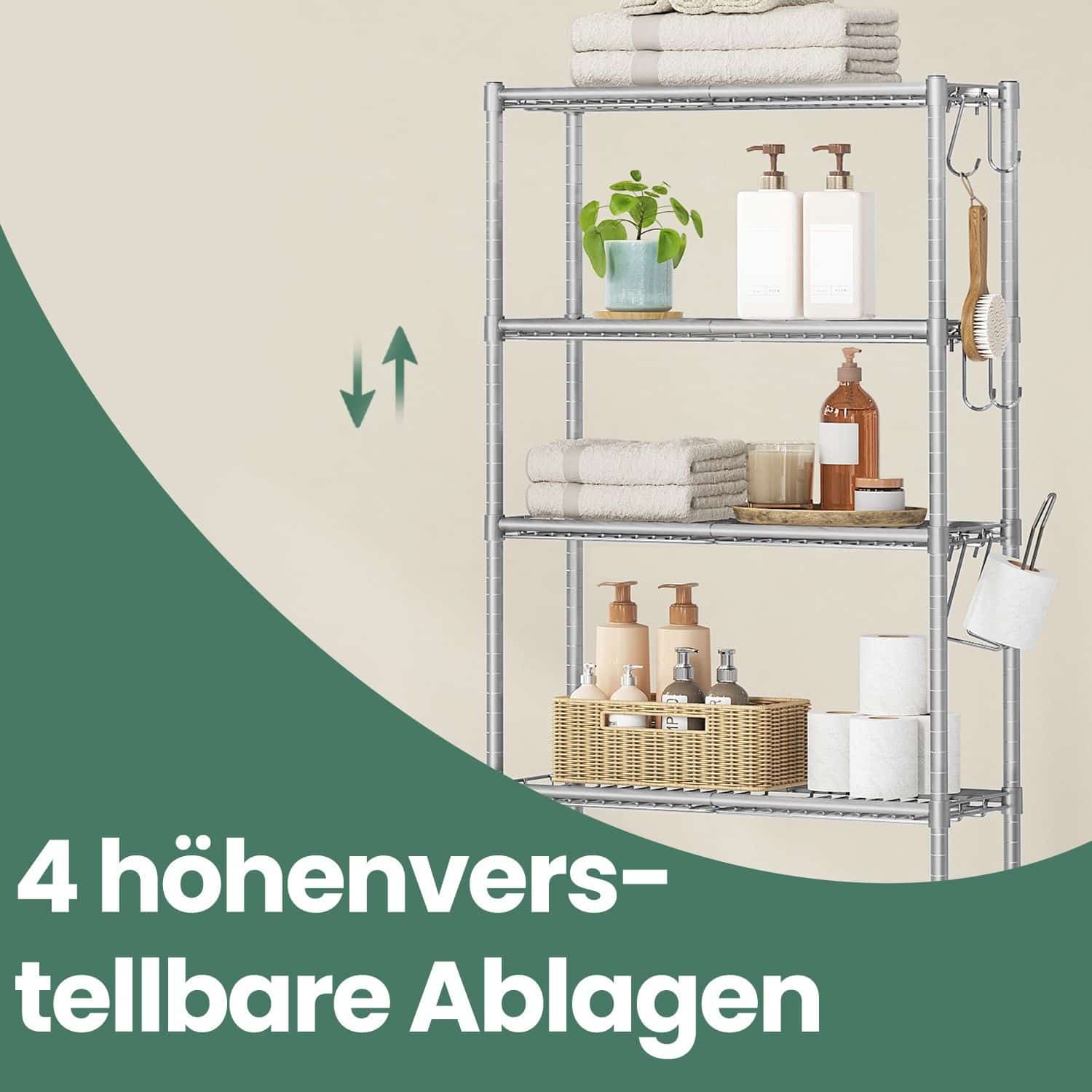 4-stöckiges Toilettenregal mit Ablagen Haken taubengrau 4-stöckiges Toilettenregal mit Ablagen Haken taubengrau