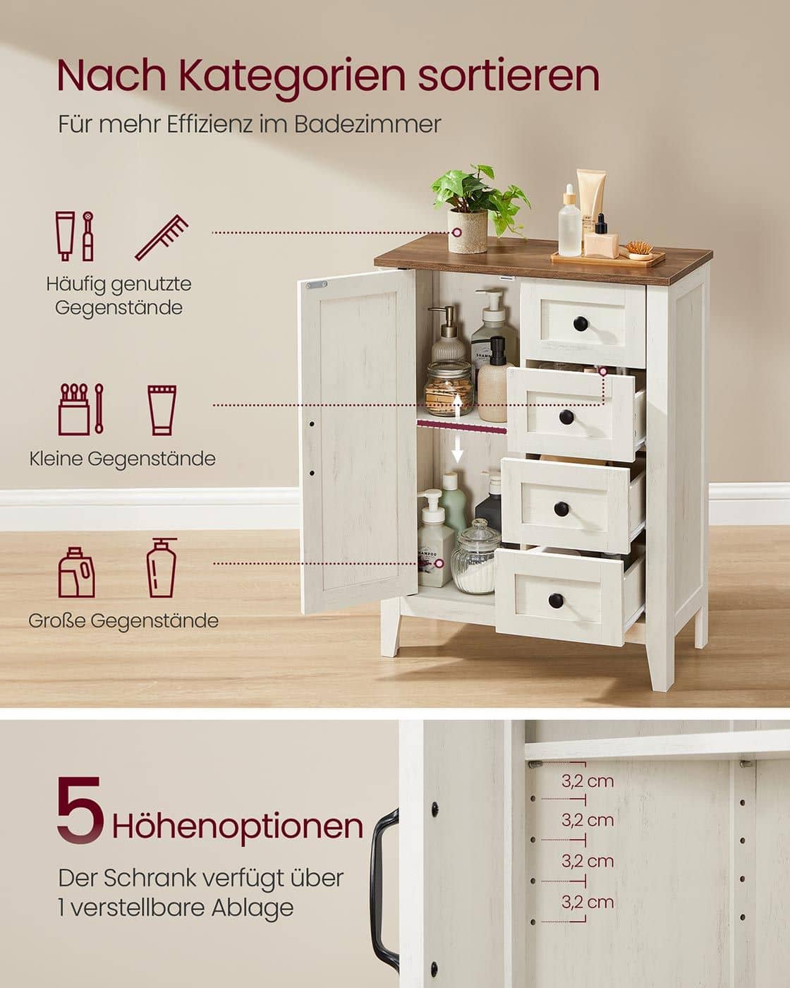 Badezimmerschrank mit Schubladen und verstellbaren Ablagen im Landhausstil