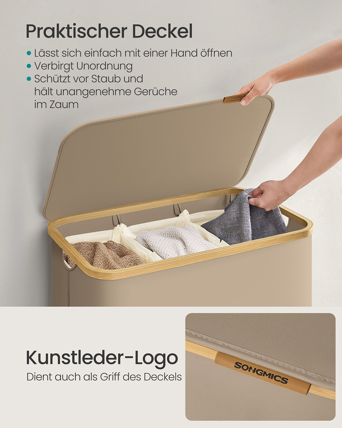 Wäschekorb 150 L mit Deckel und 3 Fächern 60 x 38,5 x 70,5 cm kamelbraun Wäschekorb 150 L mit Deckel und 3 Fächern 60 x 38,5 x 70,5 cm kamelbraun