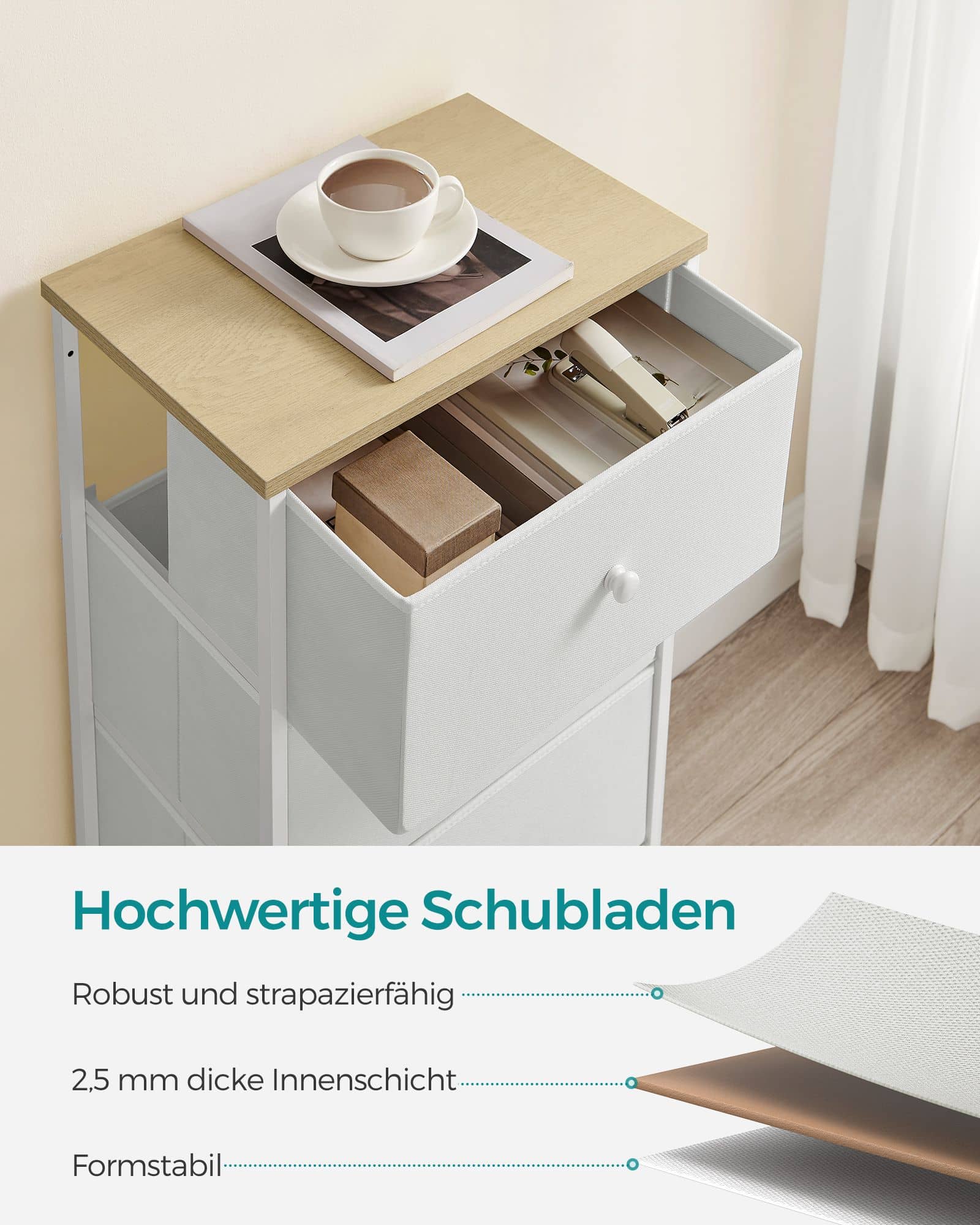 Kommode mit 4 Stoff-Schubladen und Metallrahmen weiß-eichenfarben