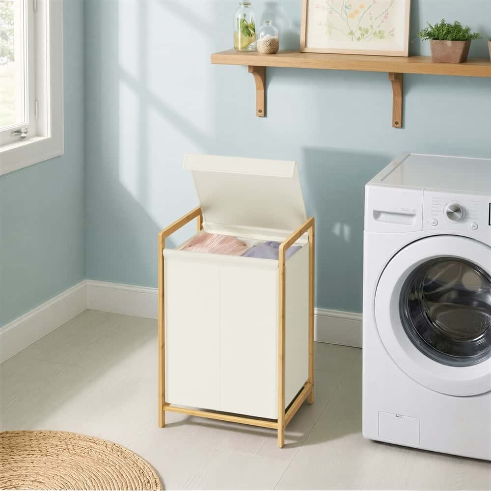 Wäschesammler mit Deckel, 2 Fächer Wäschekorb mit Bambusrahmen, Wäschesack abnehmbar