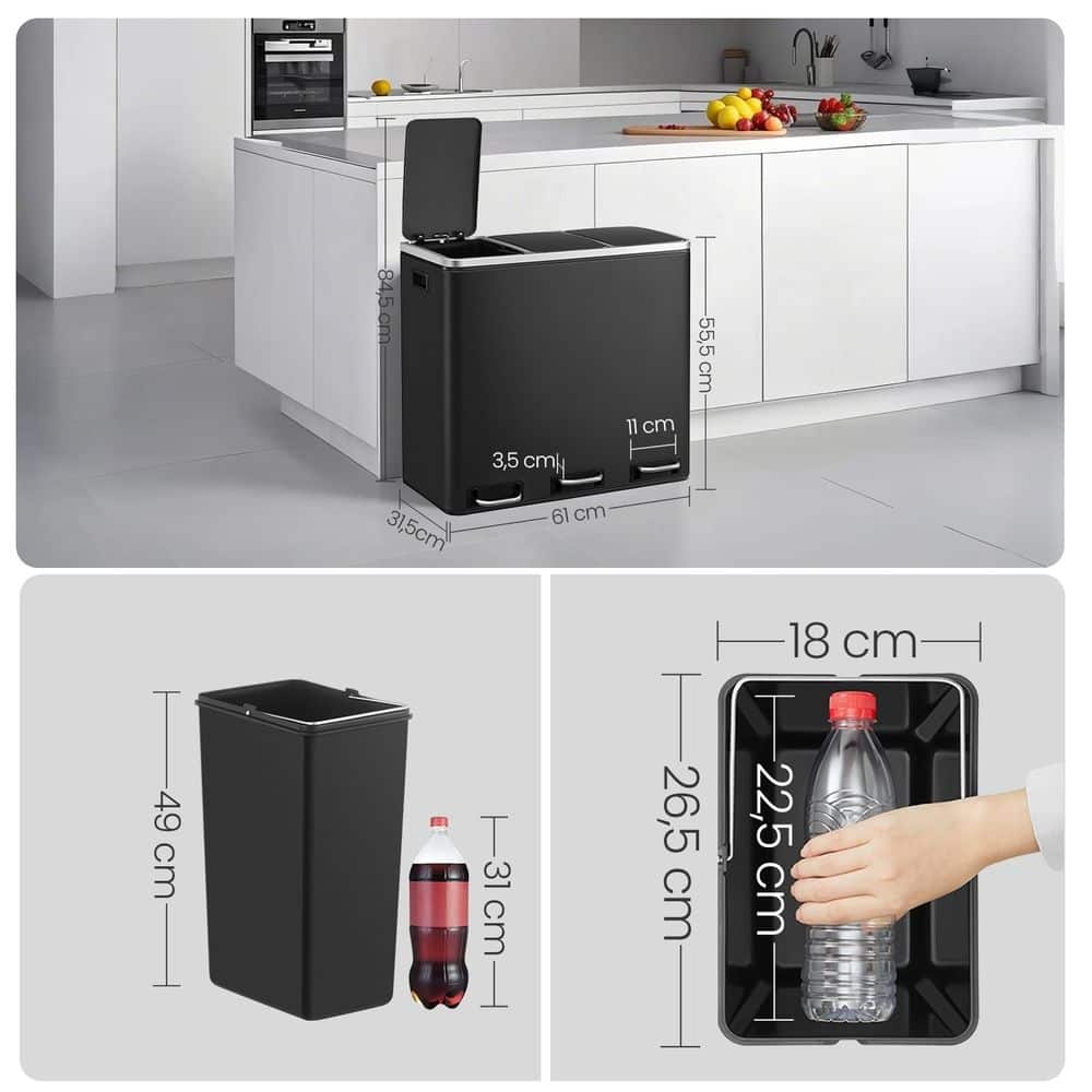 Mülleimer Küche, 3 x 18 L, Mülltrennsystem 3 Fächer