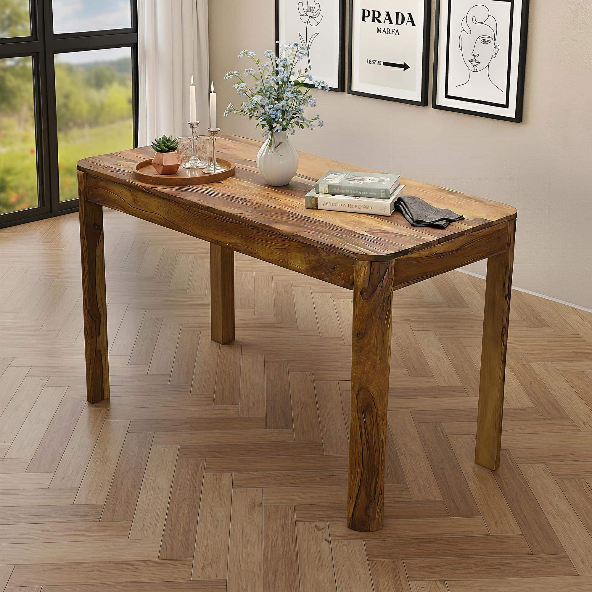 Esstisch Sheesham Massivholz 120cm für bis zu 6 Personen · Rechteckiger Küchentisch im modernen Design · Handgefertigter Holztisch mit abgerundeten Kanten für Esszimmer oder Küche