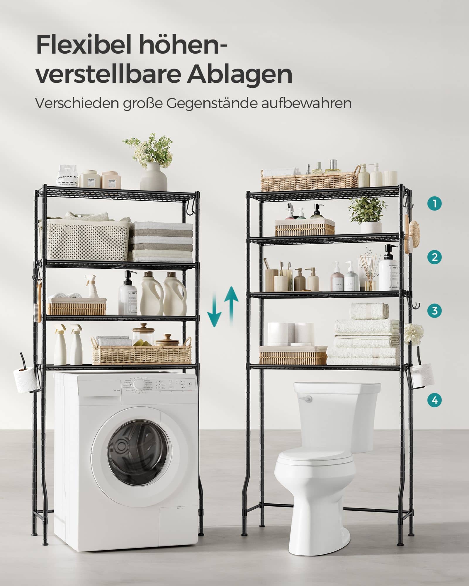 4-stöckiges Toilettenregal mit verstellbaren Ablagen schwarz