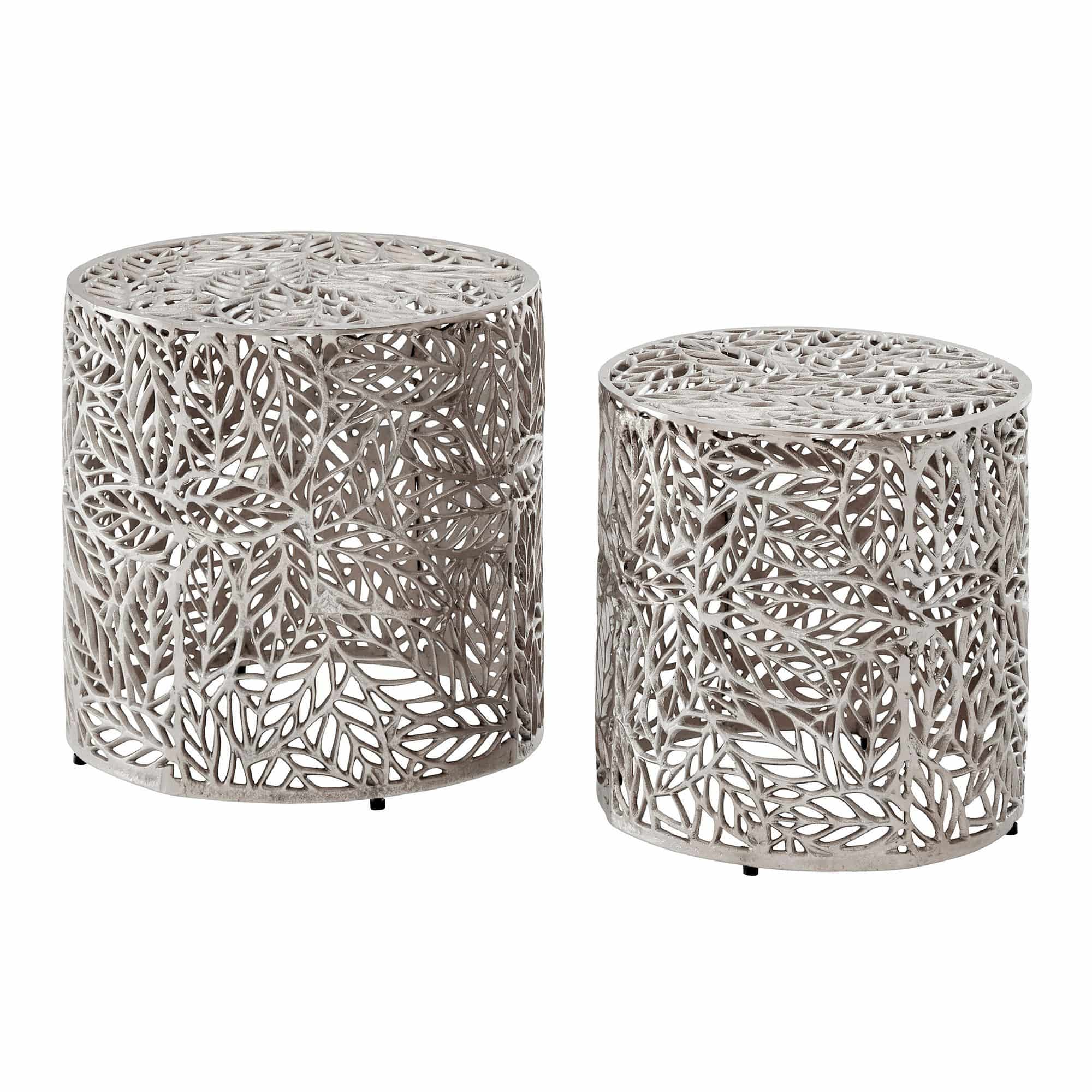 Satztisch Aluminium 2er Set rund silber - Beistelltisch mit Blattmuster - Dekotisch Couchtisch Alu Design - Metalltisch modern - Wohnzimmertisch Set Handmade