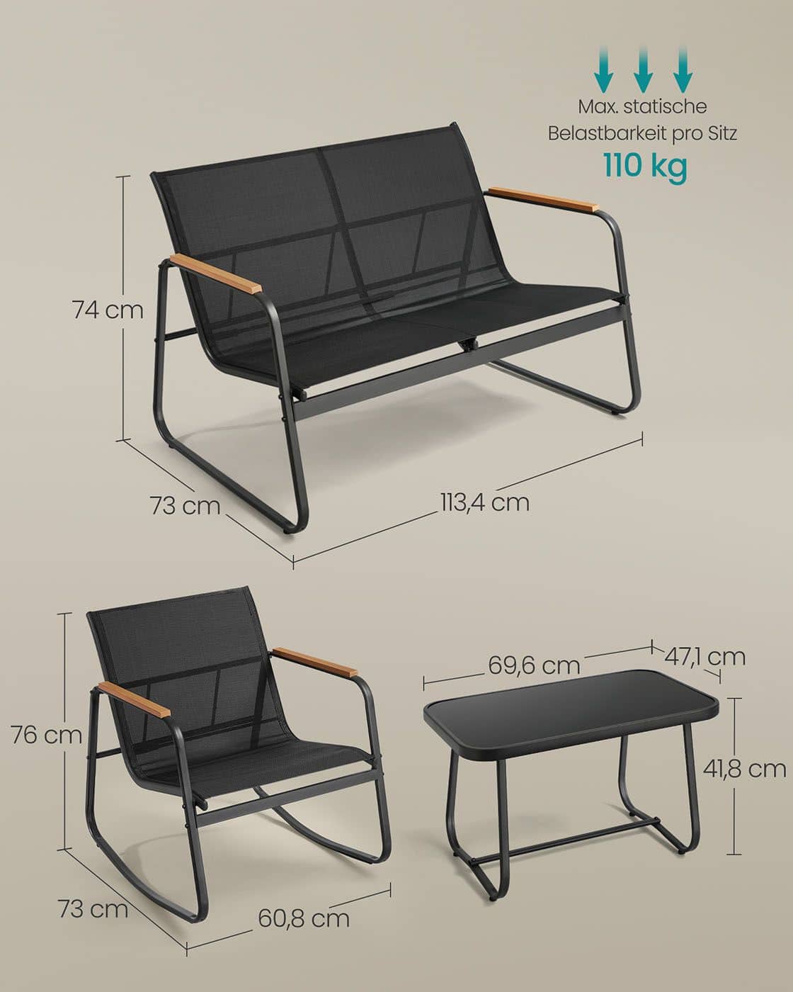 Gartenmöbel-Set Gartenbank und 2 Schaukelstühle mit Tisch tintenschwarz Gartenmöbel-Set Gartenbank und 2 Schaukelstühle mit Tisch tintenschwarz