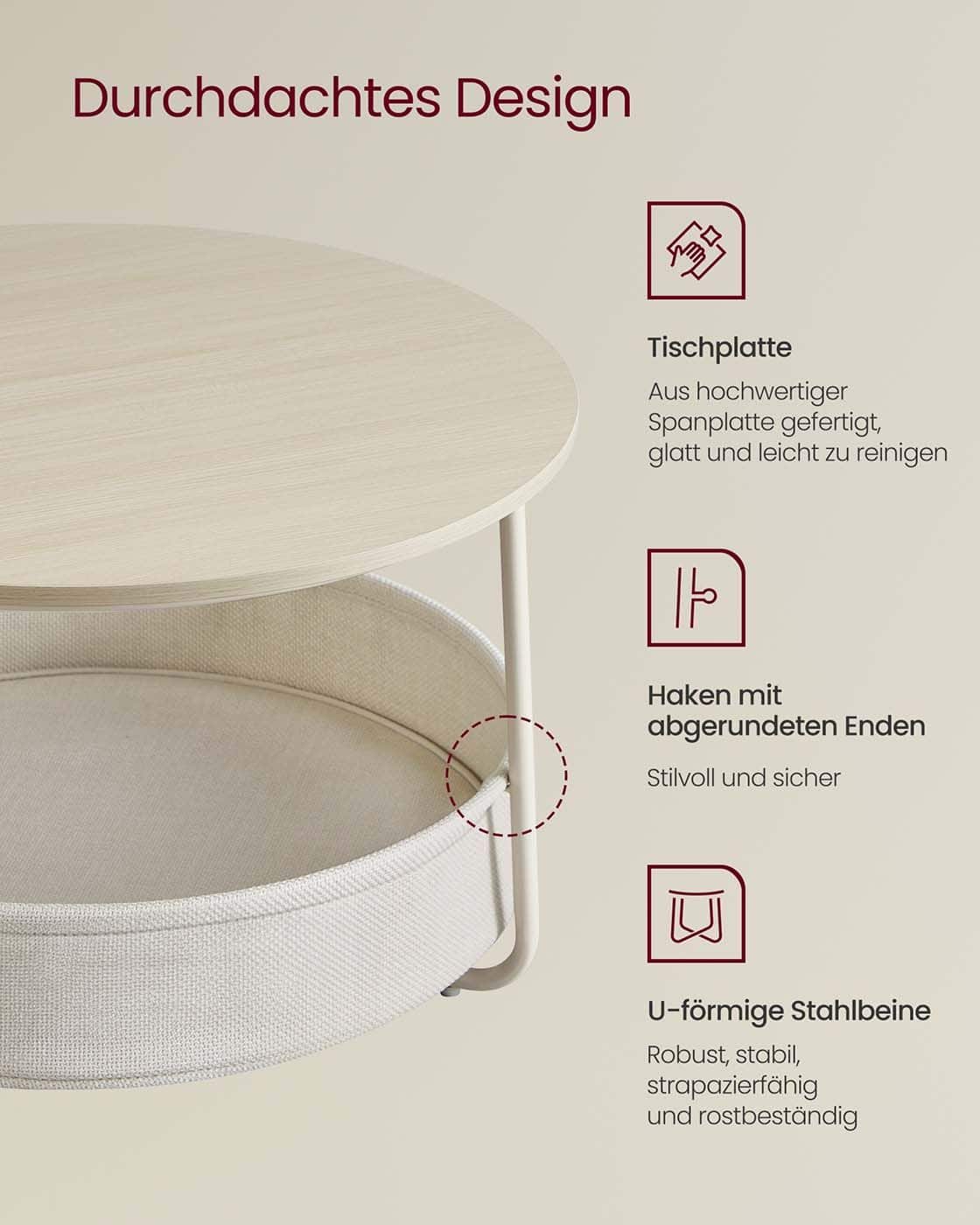 Couchtisch rund mit Korb aus Stoff naturbeige-cremeweiß Couchtisch rund mit Korb aus Stoff naturbeige-cremeweiß