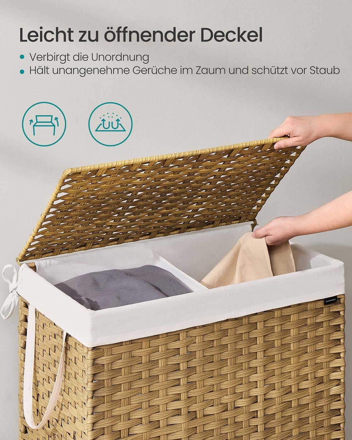 Wäschekorb aus synthetischem Rattan mit 2 Fächern naturfarben Wäschekorb aus synthetischem Rattan mit 2 Fächern naturfarben