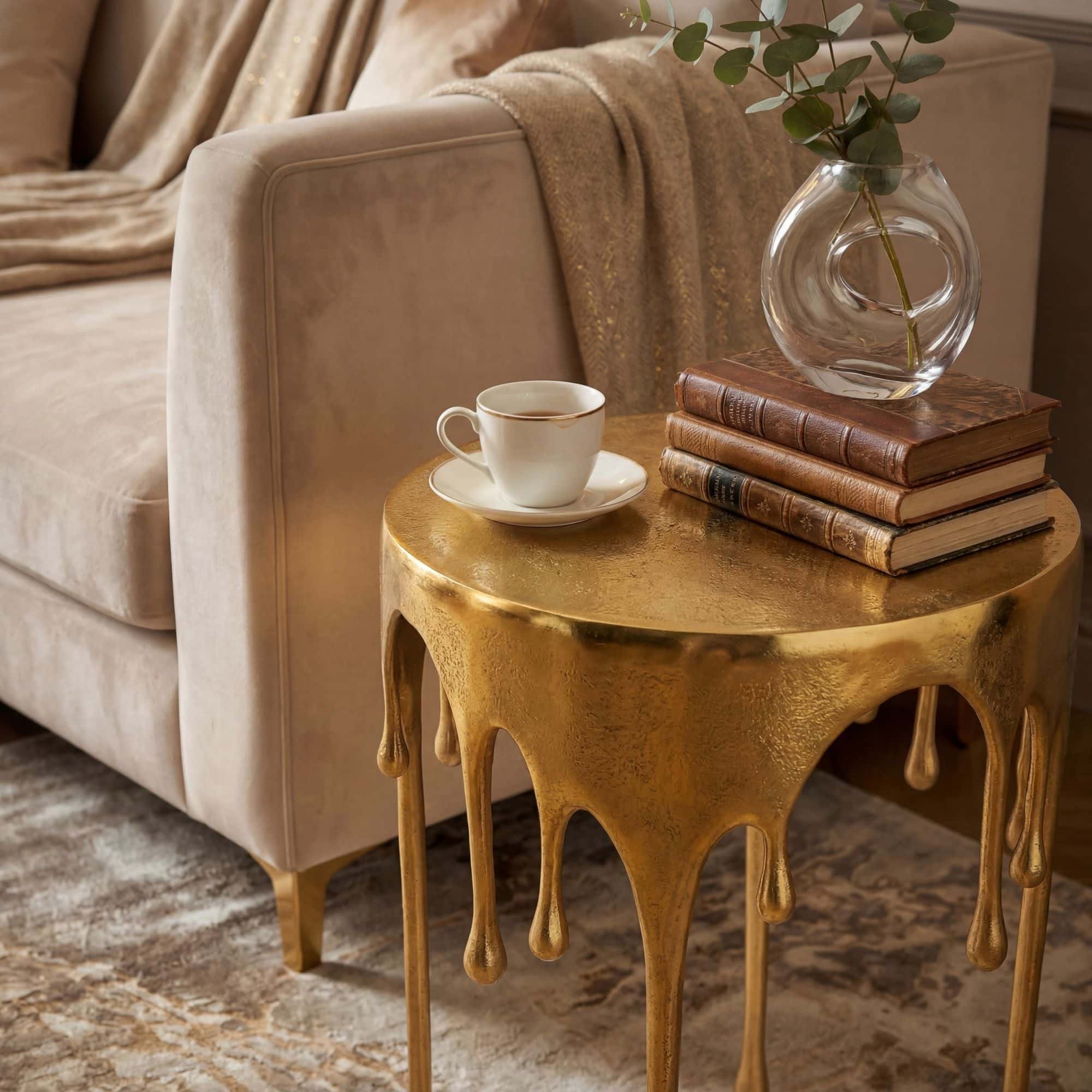 Beistelltisch Gold 43cm Aluminium Tisch Rund - Design Anstelltisch Alu Modern - Wohnzimmertisch Metall Tropfen - Metalltisch Dekotisch Couchtisch Handmade