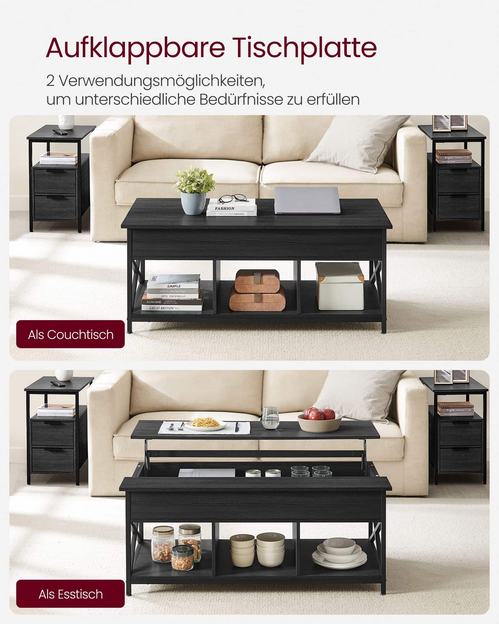 Couchtisch höhenverstellbar mit verstecktem Stauraum anthrazitgrau-schwarz