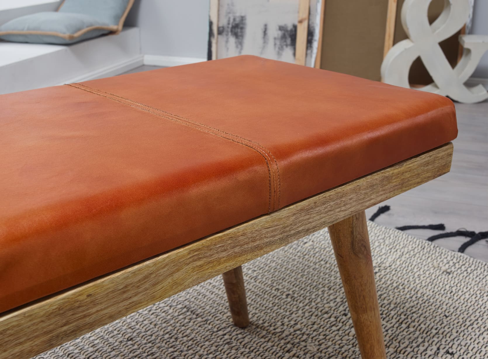 46006-WOHNLING-Sitzbank-mit-1-Schublade-und-Ziegenl Sitzbank Ziegenleder / Massivholz Bank 100x52x38 cm im Retro Stil