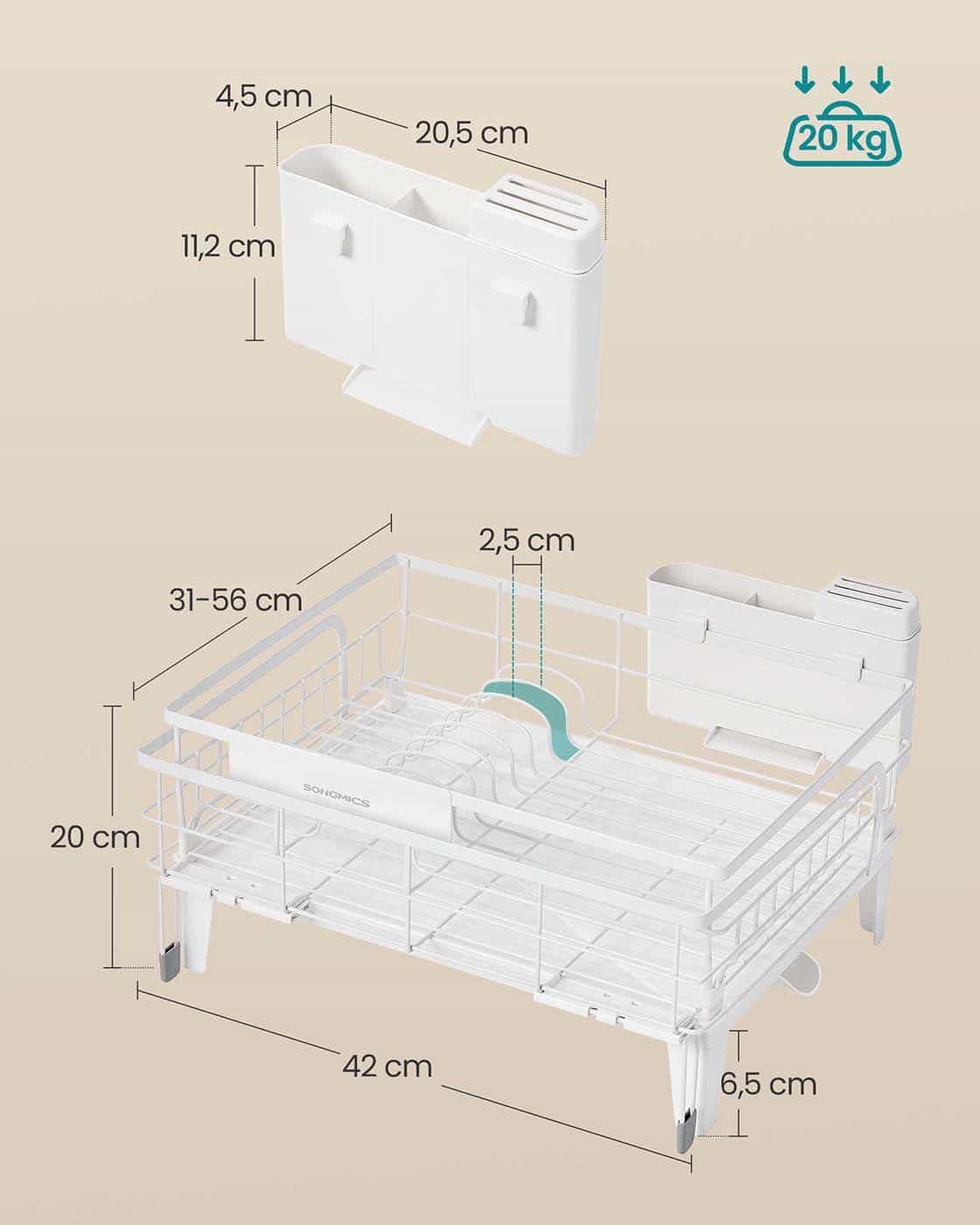 Abtropfgestell Geschirr mit Silikonmatte und Ablauf mattweiß-taubengrau
