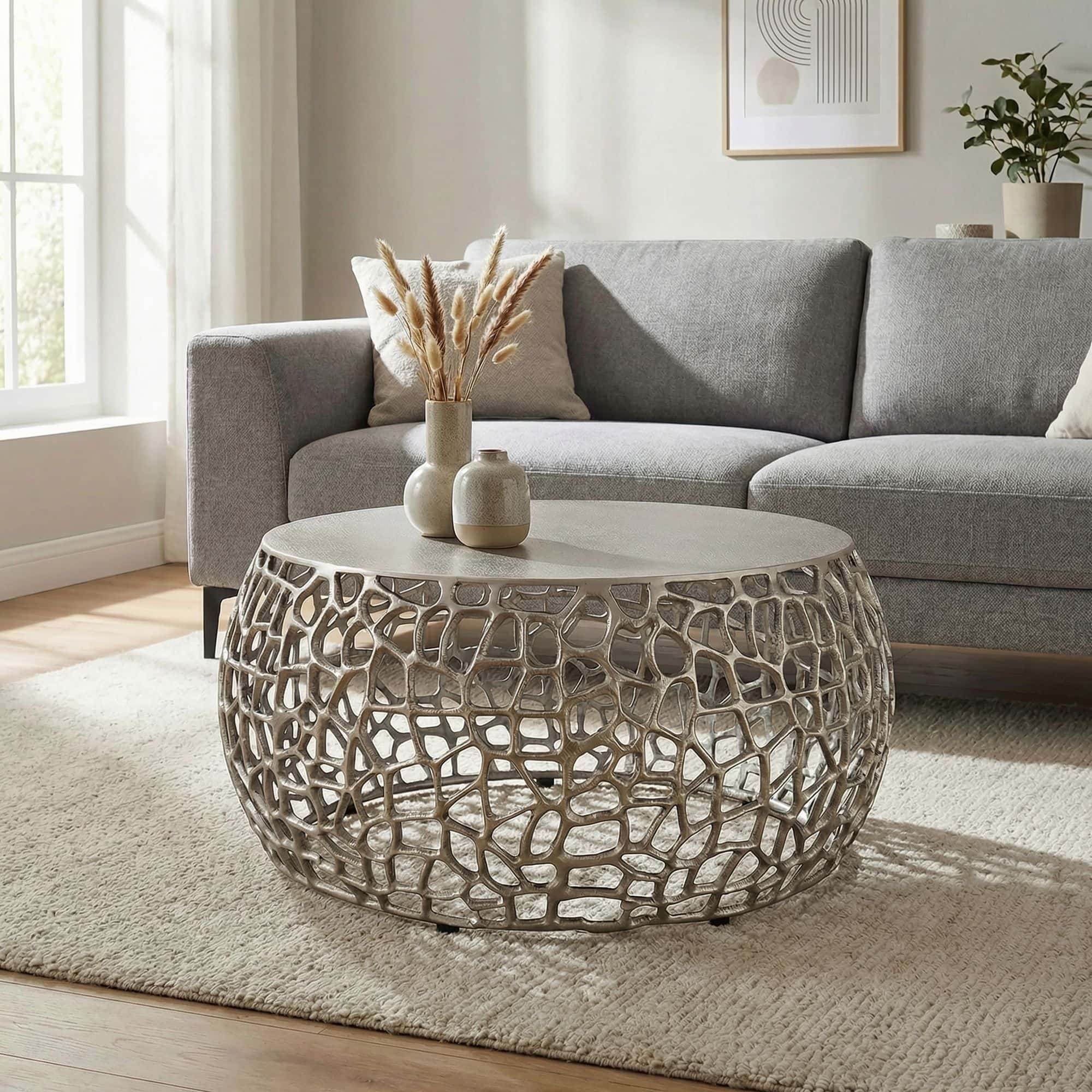 Couchtisch Metall Silber 60cm Sofatisch Aluminium Rund - Design Wohnzimmertisch mit Ast Struktur - Kleiner Kaffeetisch Modern - Beistelltisch Anstelltisch Wohnzimmer Handmade