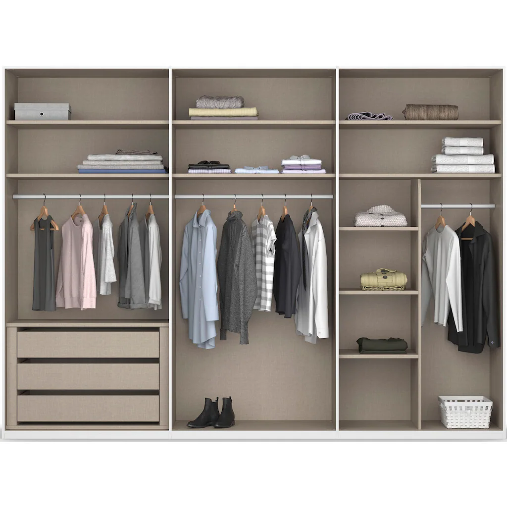 6-türiger Kleiderschrank Purisma von Rauch – Drehtürschrank in Alpinweiß, Graphit oder Seidengrau mit Schubkasteneinsatz, Innenspiegel und Krawattenhalter