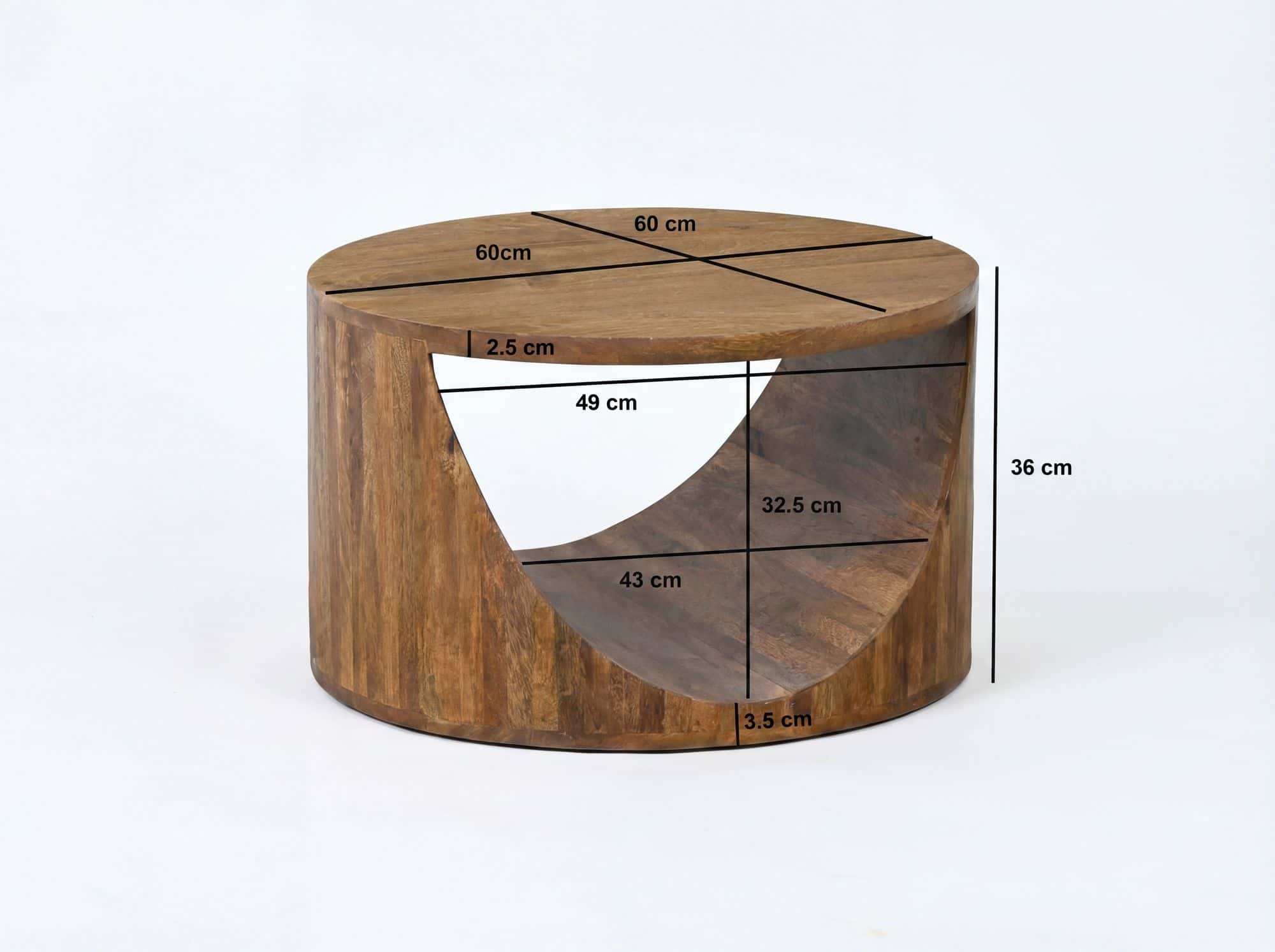 Couchtisch Mango Massivholz Rund 60cm - Design Wohnzimmertisch mit Ablagefach - Ausgefallener Sofatisch Holz - Loungetisch Zylinder - Natur Beistelltisch Handmade