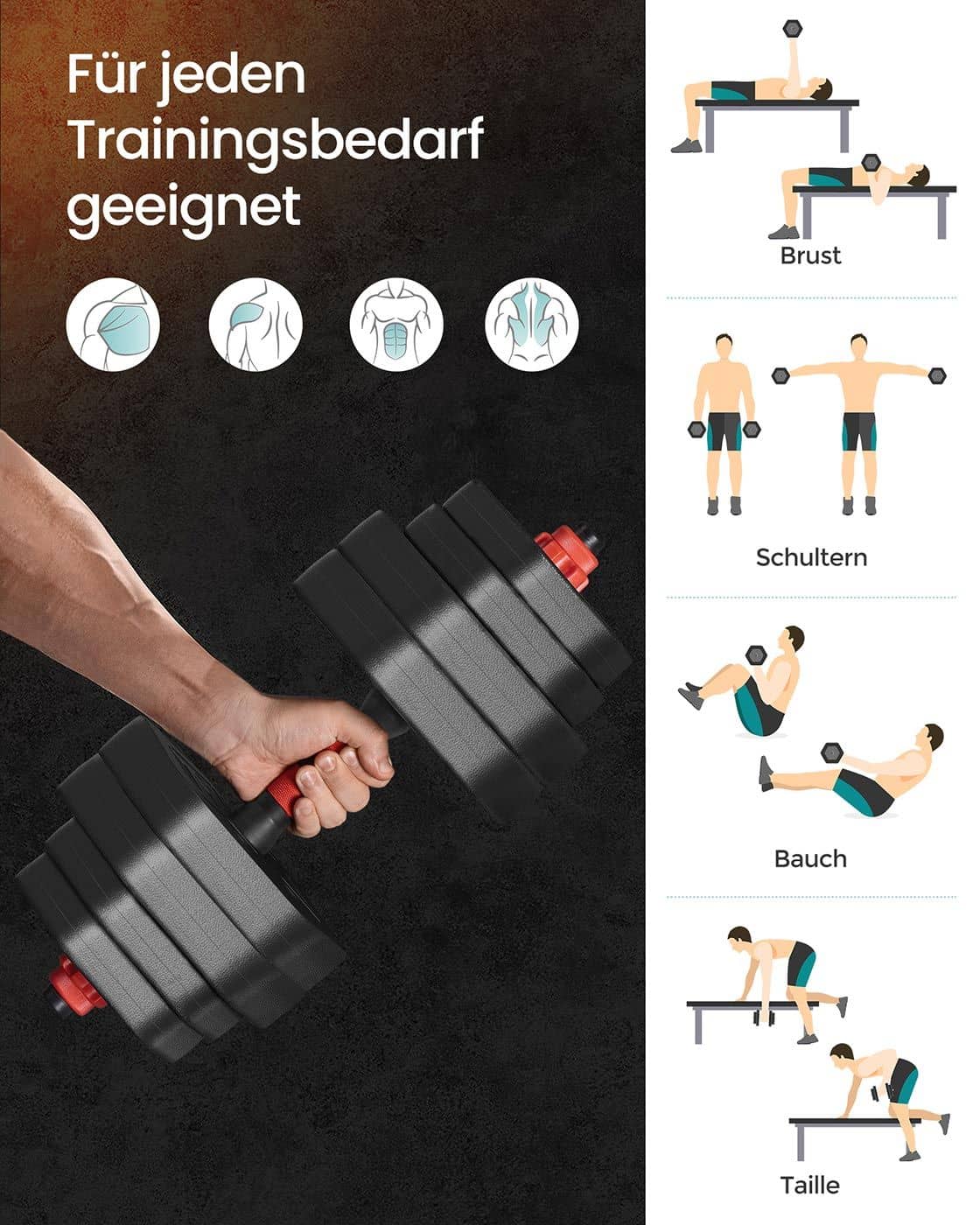 Hantelset mit Verbindungsstange 30 kg für Zuhause tintenschwarz