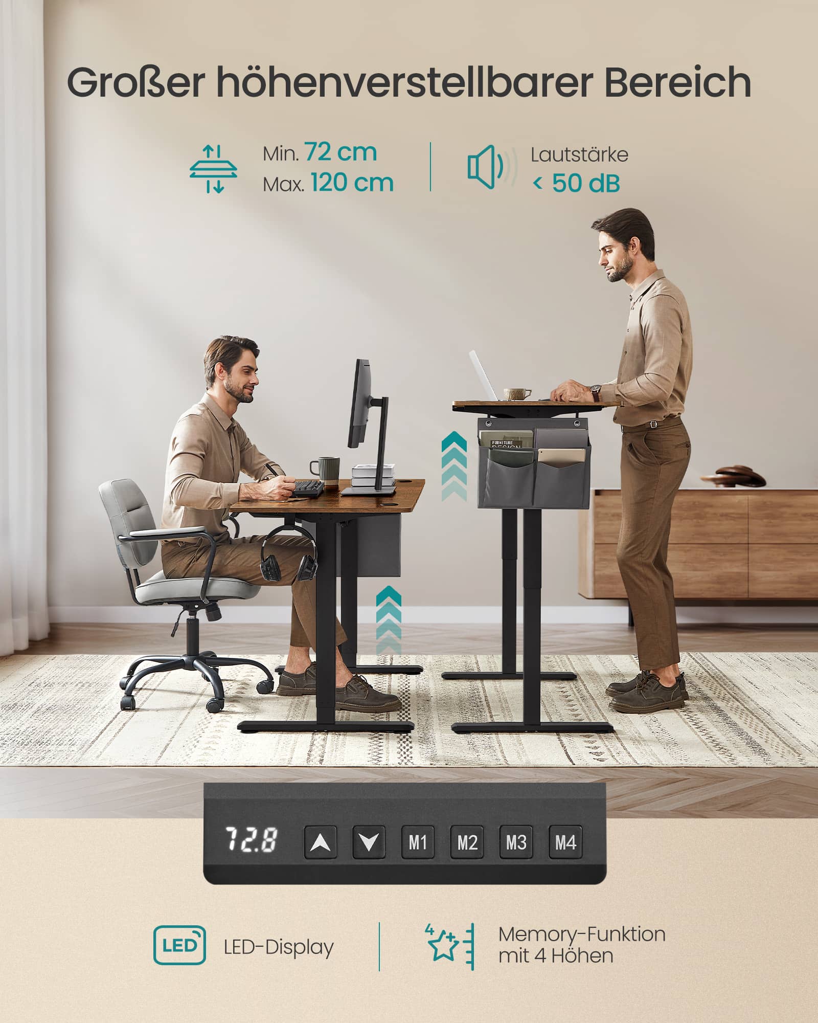 Höhenverstellbarer Schreibtisch elektrisch 70 x 160 x (72-120) cm