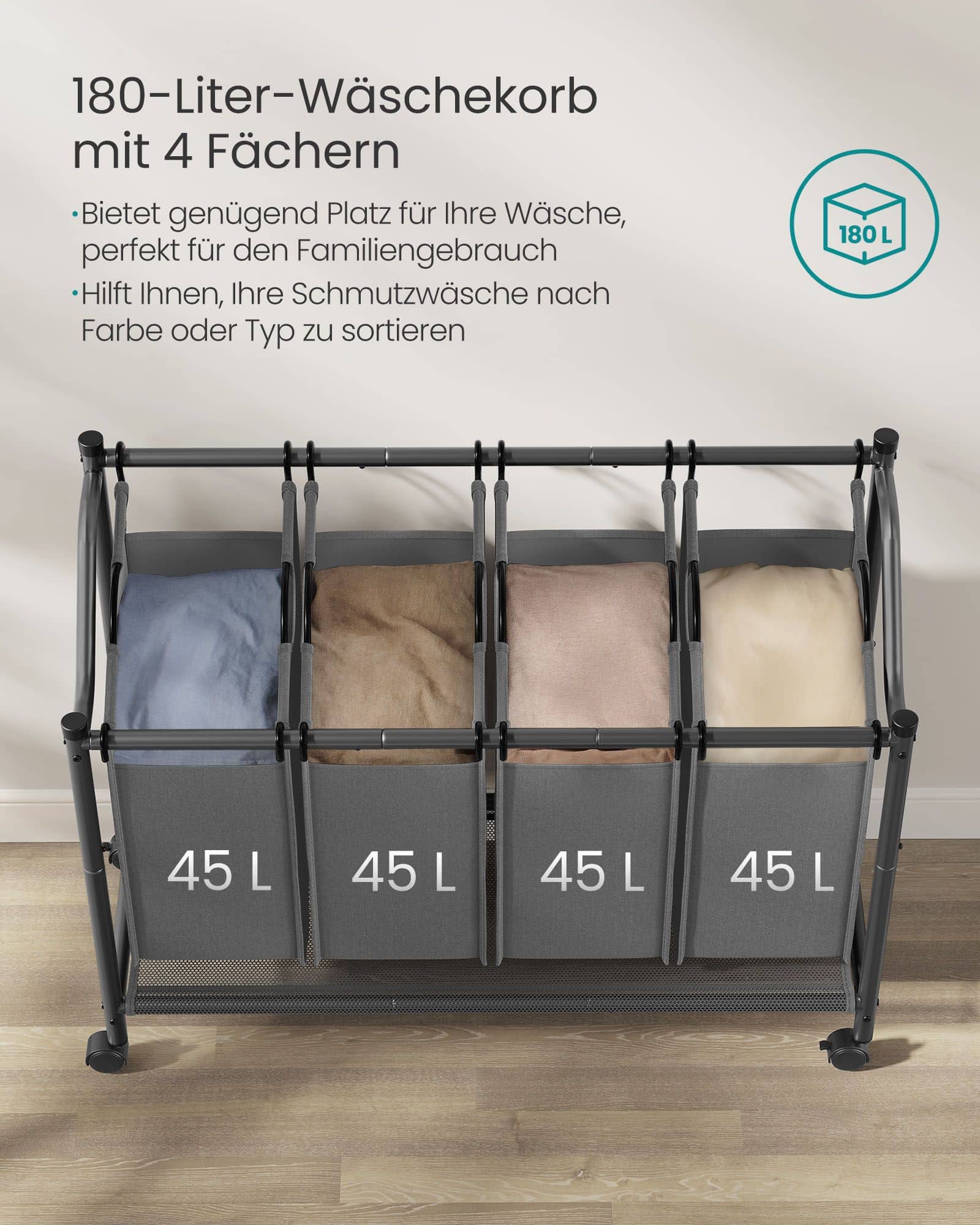 Wäschekorb mit Rollen 4 x 45 L schiefergrau Wäschekorb mit Rollen 4 x 45 L schiefergrau