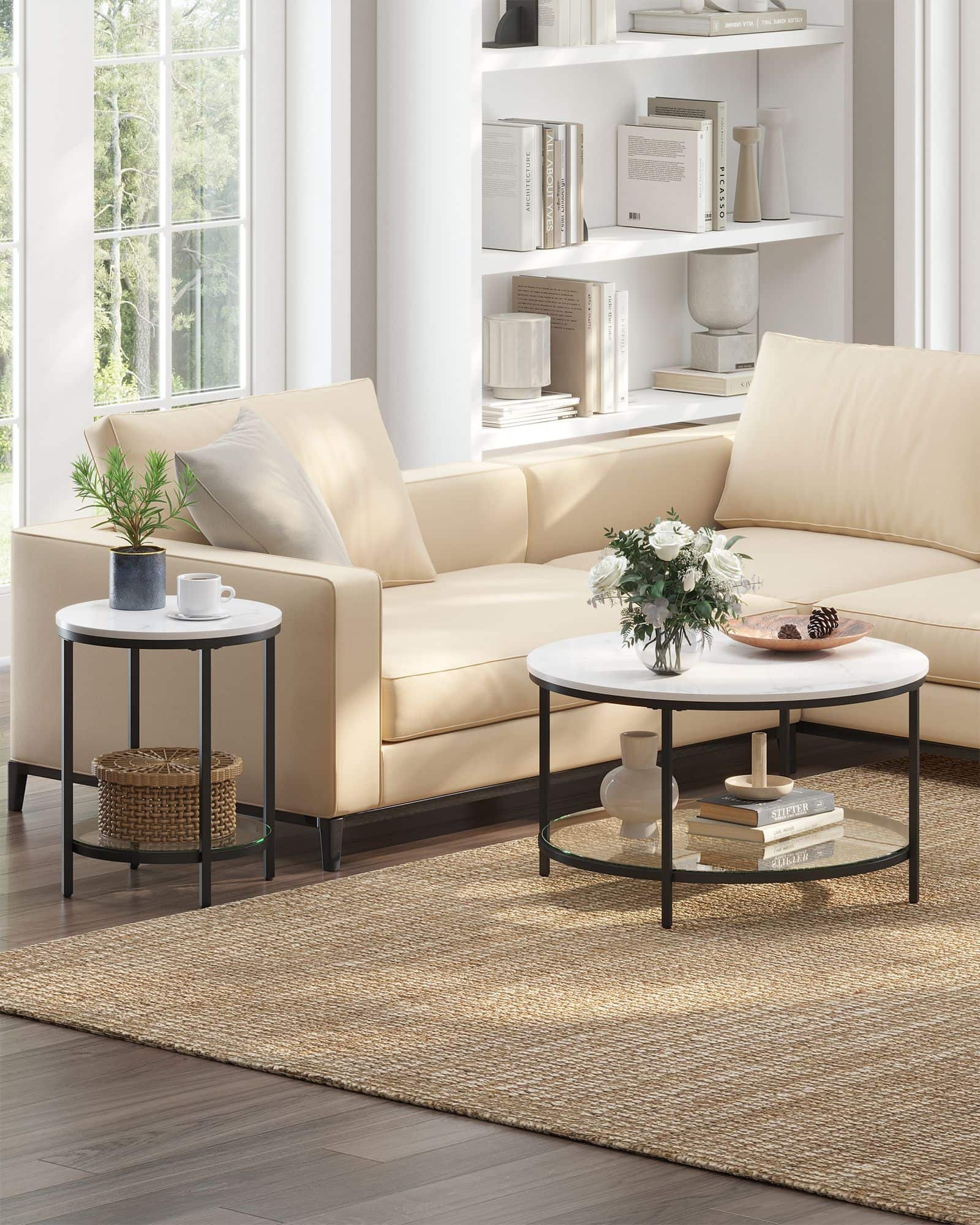 Beistelltisch 2 Ebenen in weißer Marmoroptik mit schwarzem Gestell Beistelltisch 2 Ebenen in weißer Marmoroptik mit schwarzem Gestell